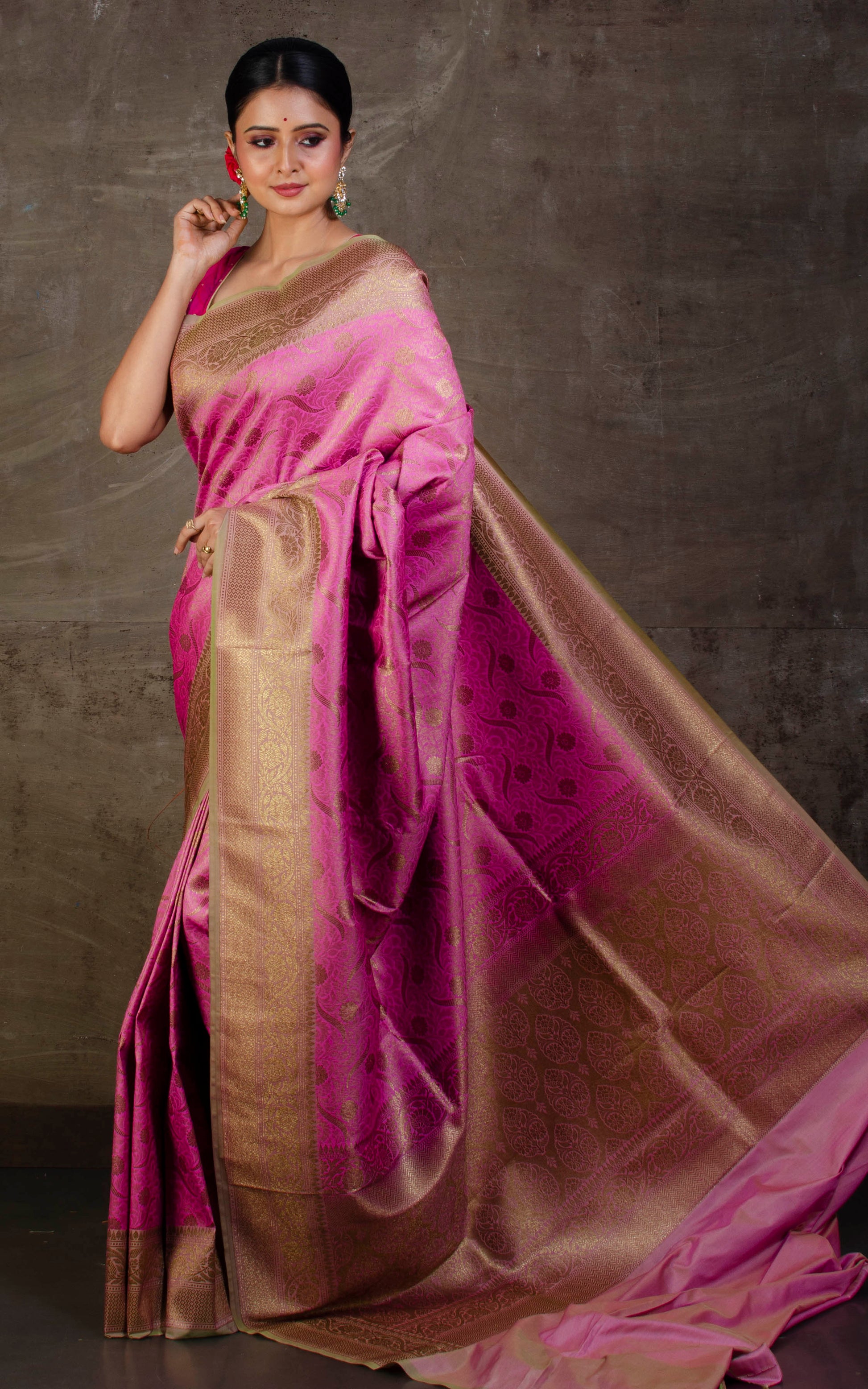 Tanchui Brocade Work Katan Saree in Pastel Pink and Mute Gold