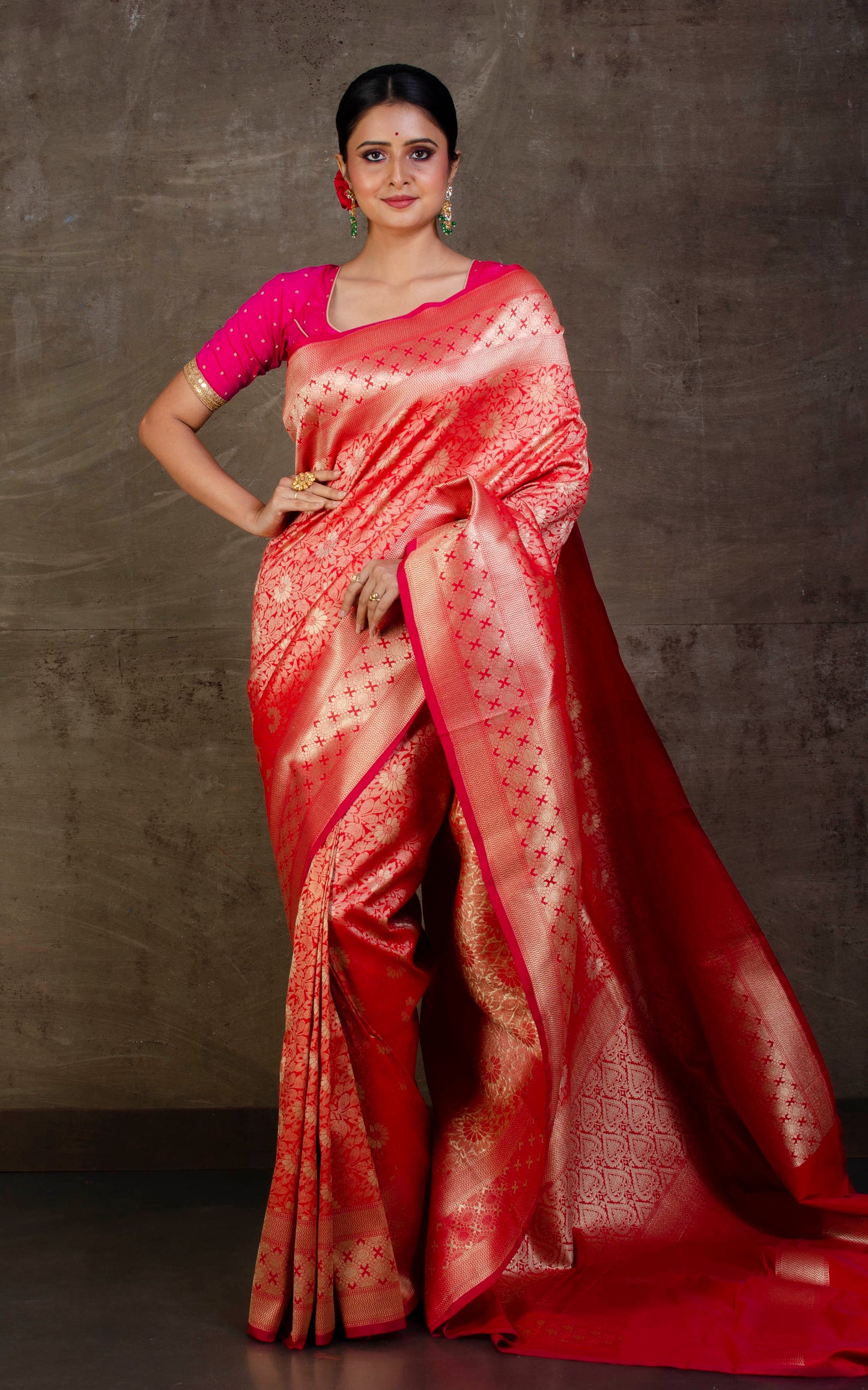 Tanchui Brocade Work Katan Silk Saree in Red, Rani and Antique Gold