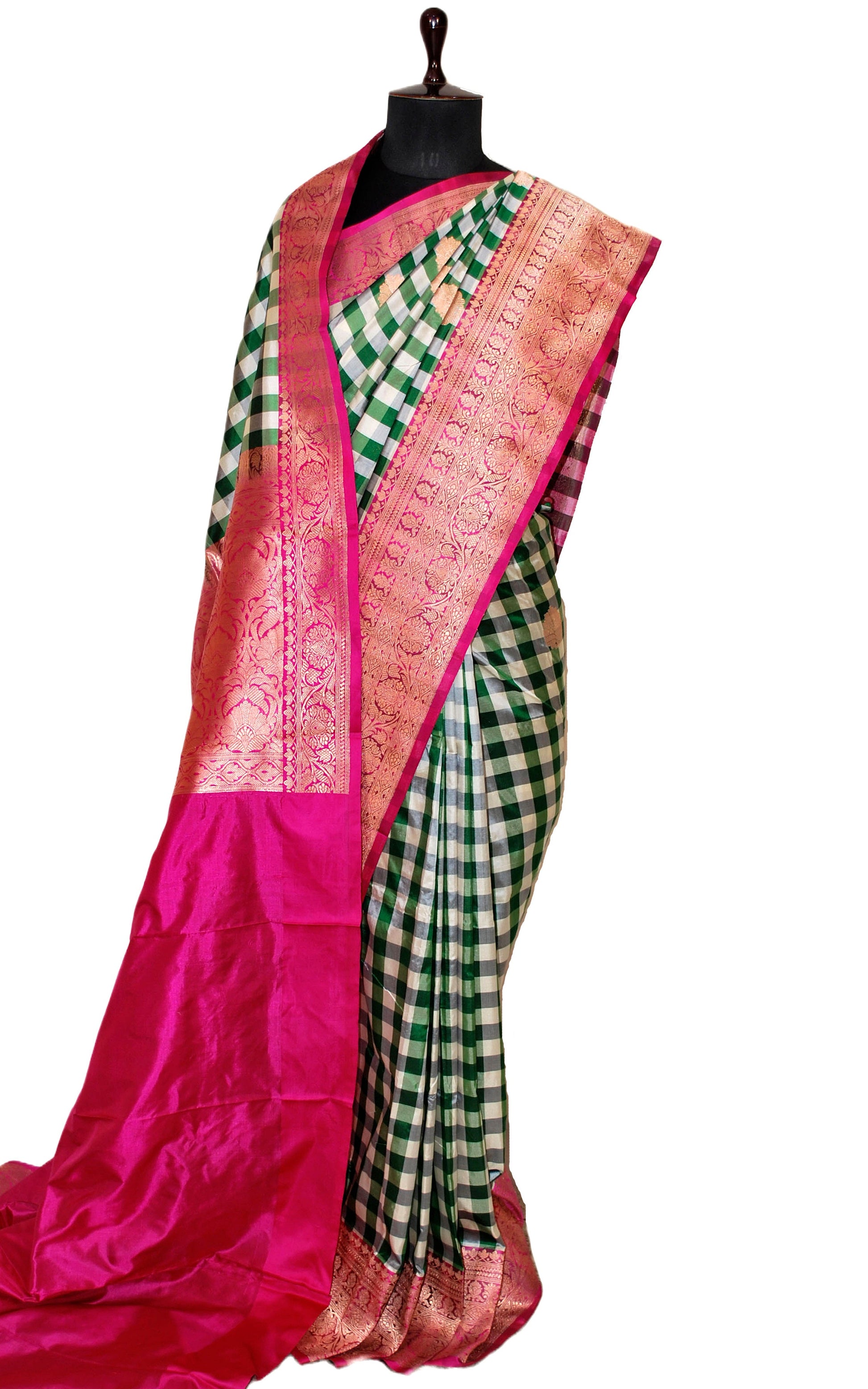 Designer Checks Katan Banarasi Silk Saree in Emerald Green, Acadia White and Hot Pink