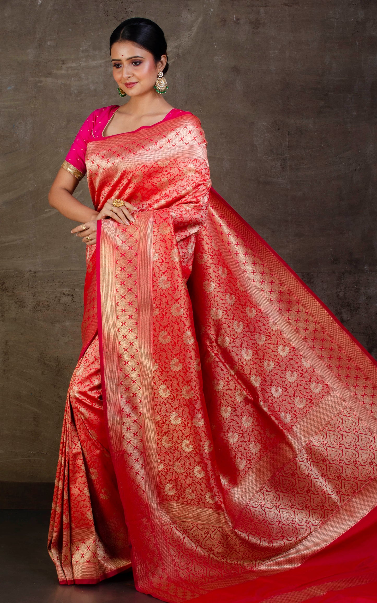 Tanchui Brocade Work Katan Silk Saree in Red, Rani and Antique Gold