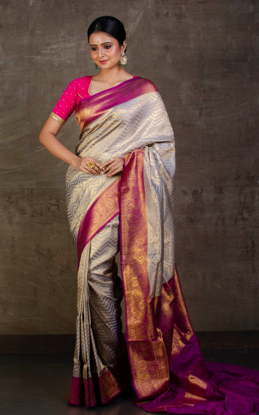 Tanchui Brocade Work Katan Silk Saree in Grey and Purple