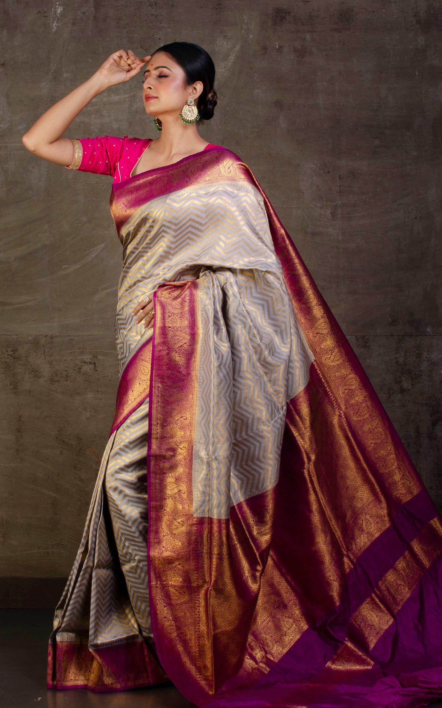 Tanchui Brocade Work Katan Silk Saree in Grey and Purple