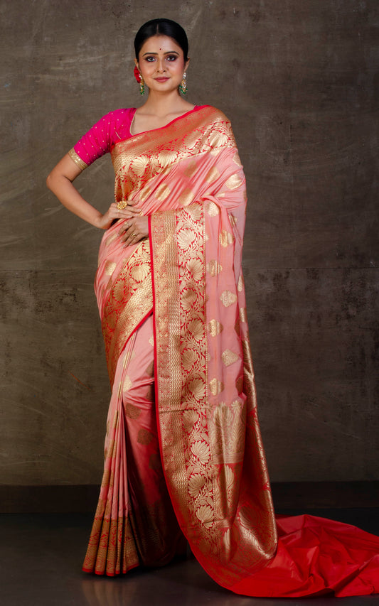 Soft Designer Semi Katan Silk Saree in Rose Quartz and Red