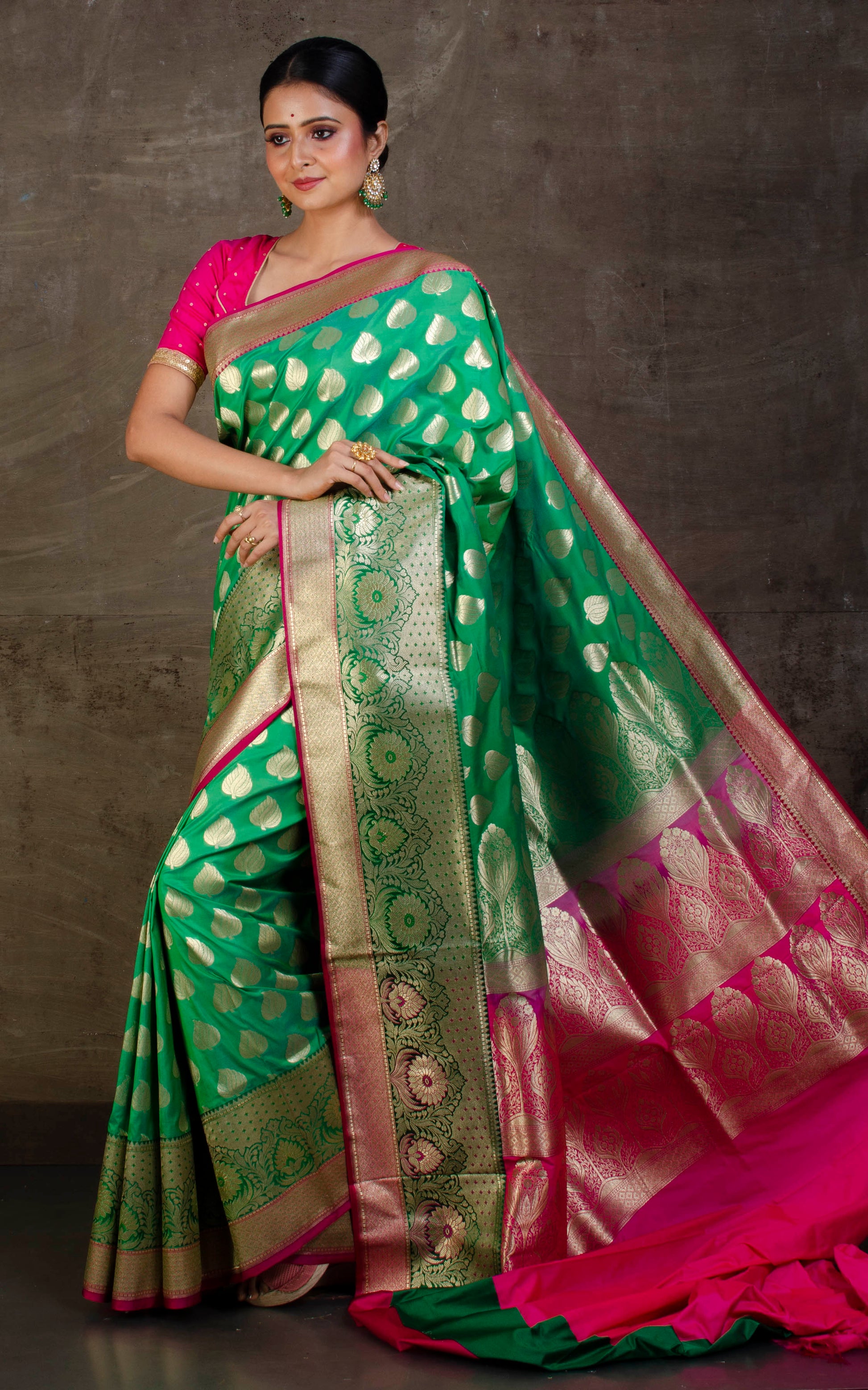 Soft Designer Semi Katan Silk Saree in Leaf Green and Dark Pink