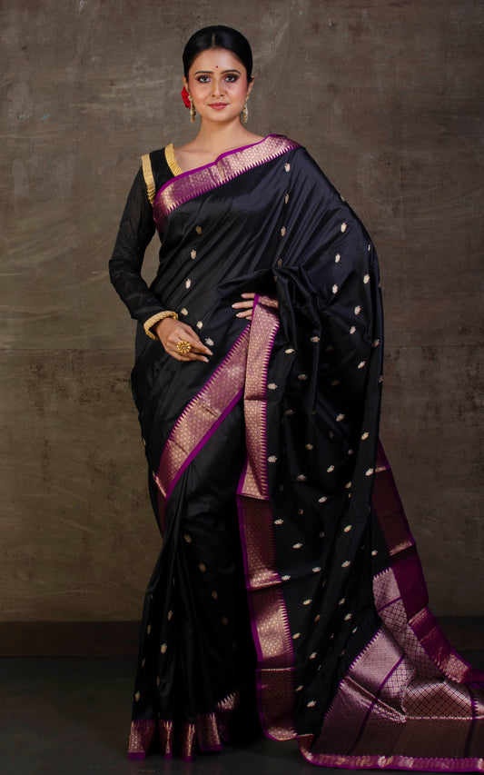 Handwoven Pure Katan Banarasi Silk Saree in Black and Purple