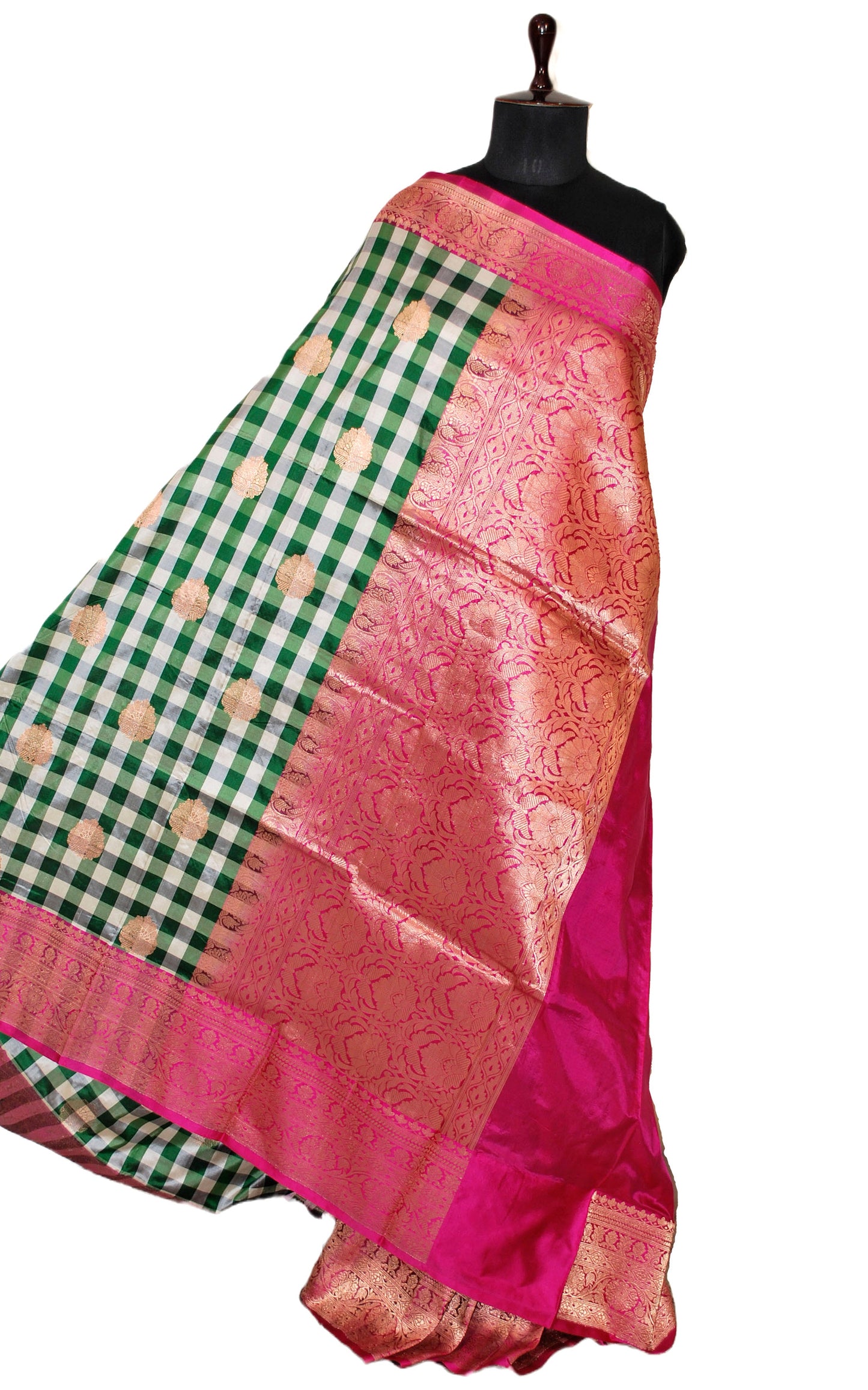 Designer Checks Katan Banarasi Silk Saree in Emerald Green, Acadia White and Hot Pink