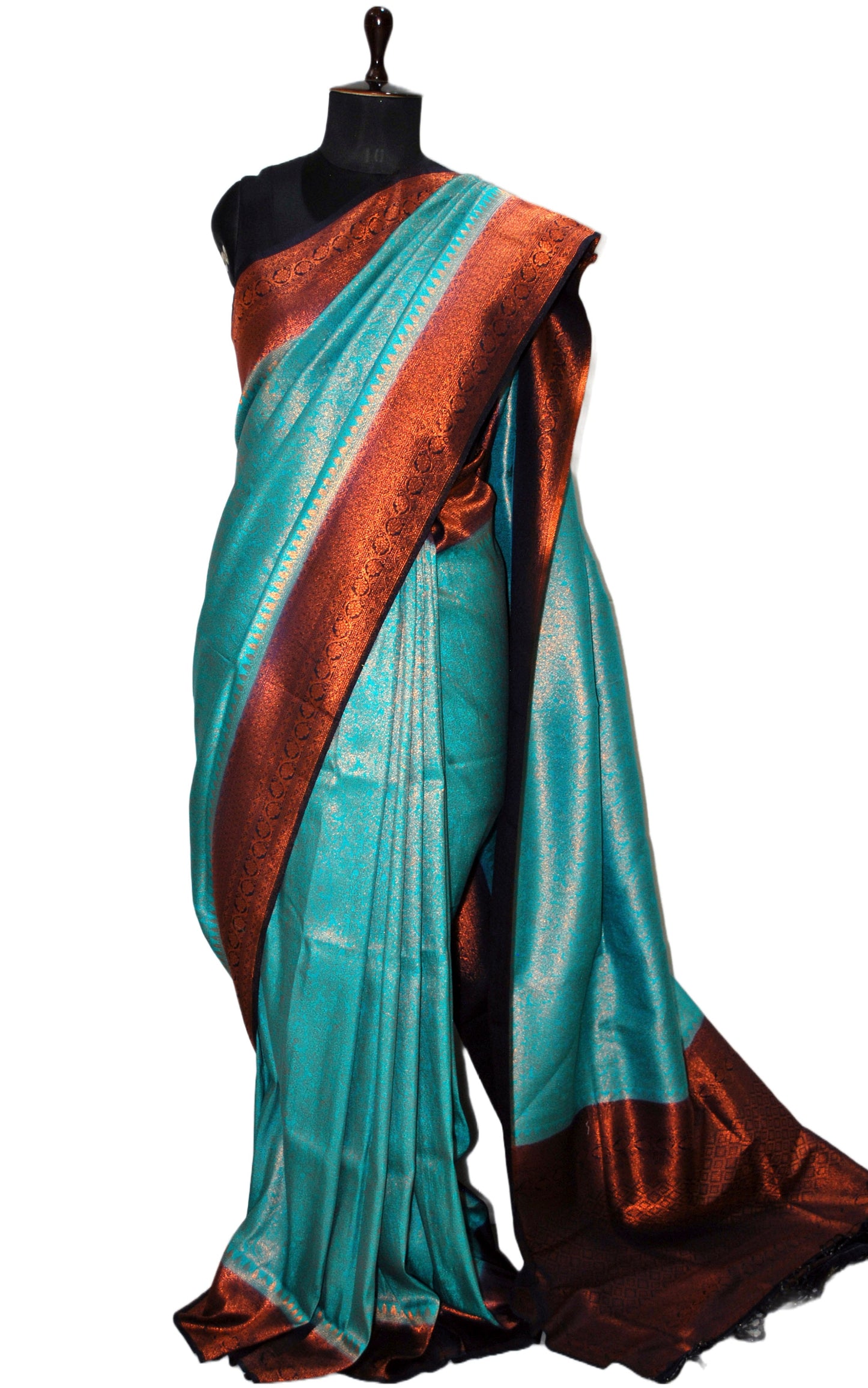 Tanchui Brocade Work Katan Silk Saree in Turquoise, Black and Antique Gold Zari Work