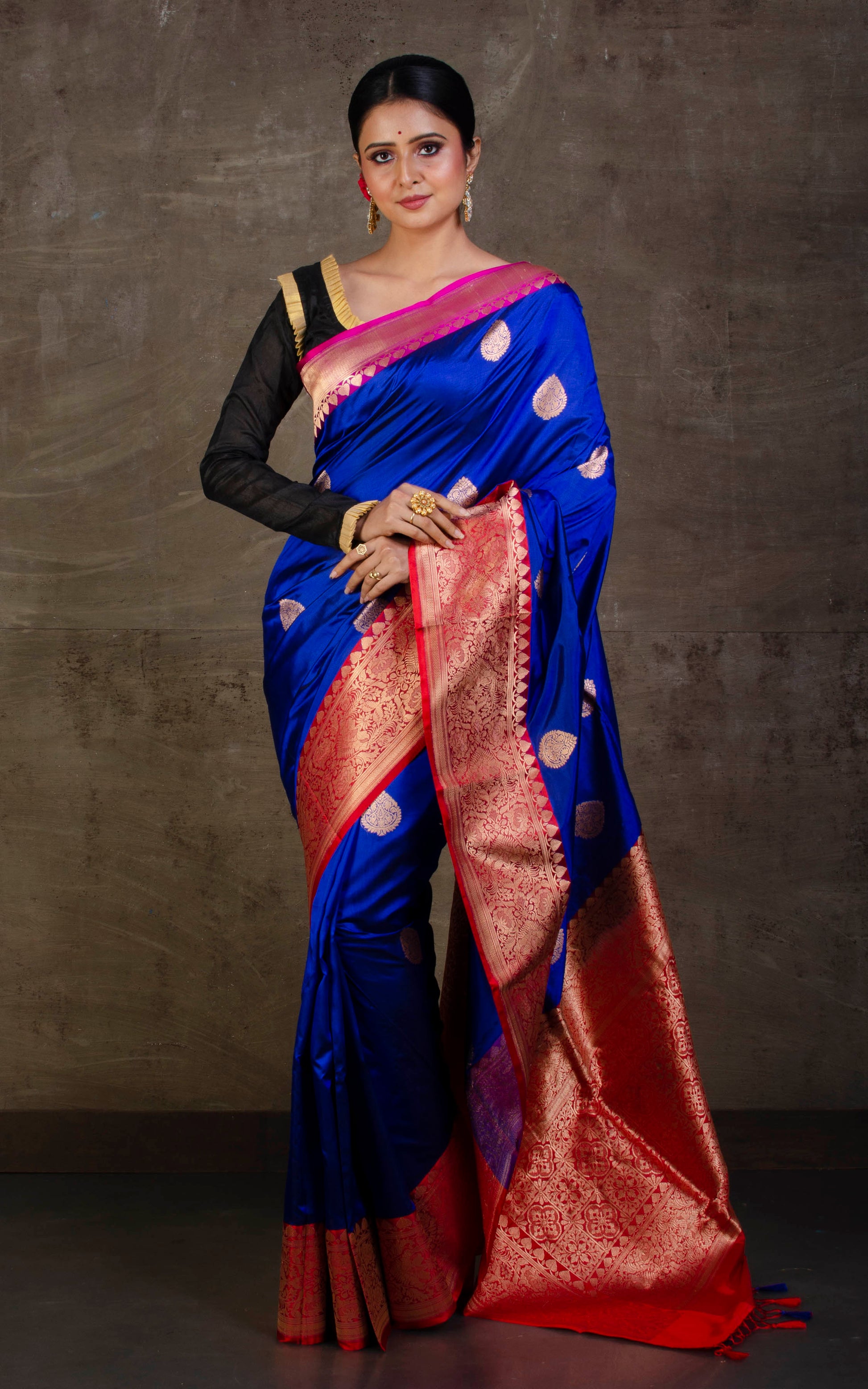 Premium Quality Katan Banarasi Silk Saree in Royal Blue, Purplish Pink and Red