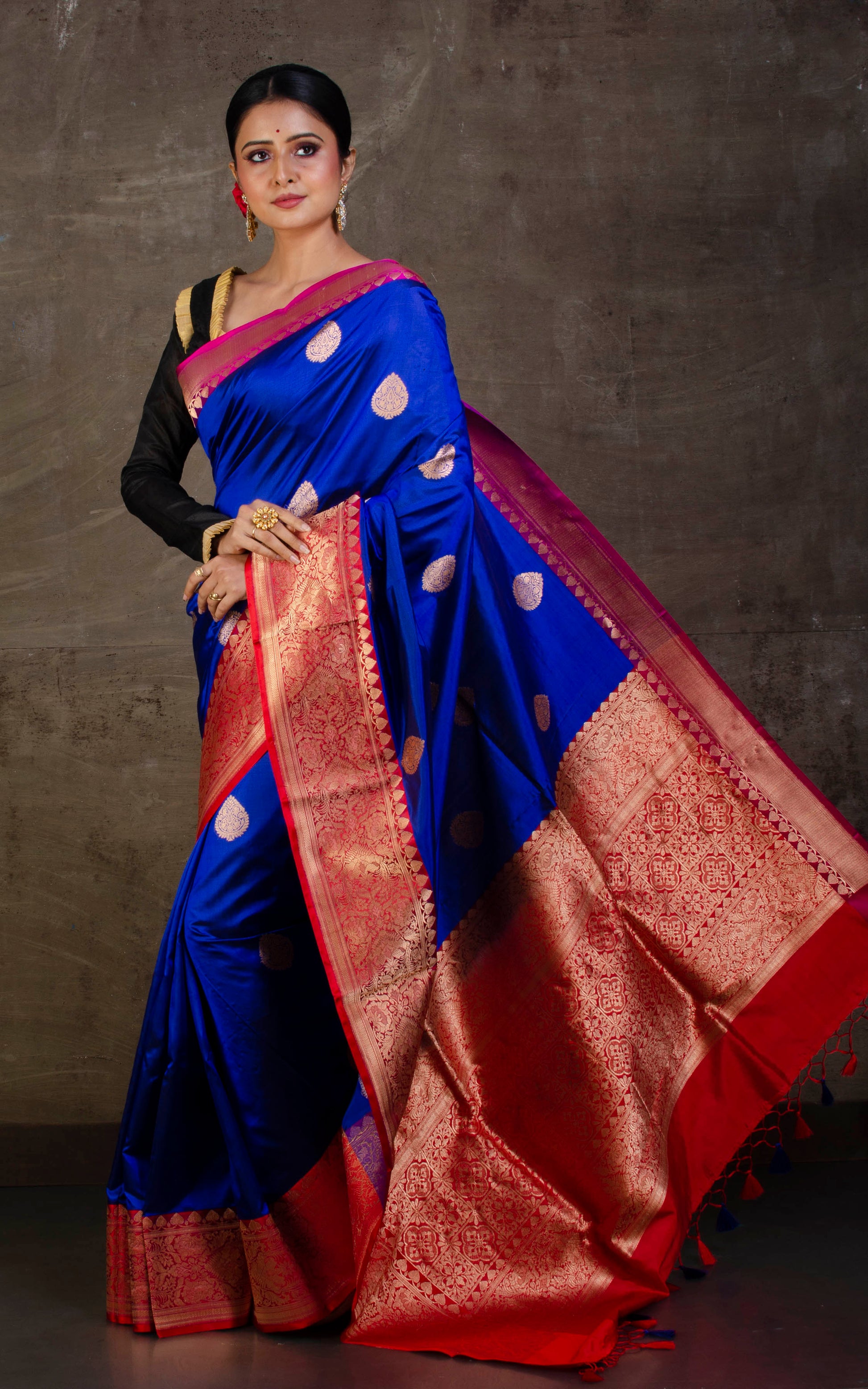 Premium Quality Katan Banarasi Silk Saree in Royal Blue, Purplish Pink and Red