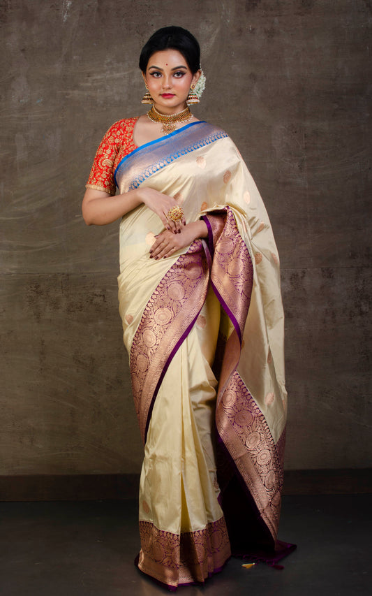 Premium Quality Katan Banarasi Silk Saree in Light Cream, Eggplant and Blue