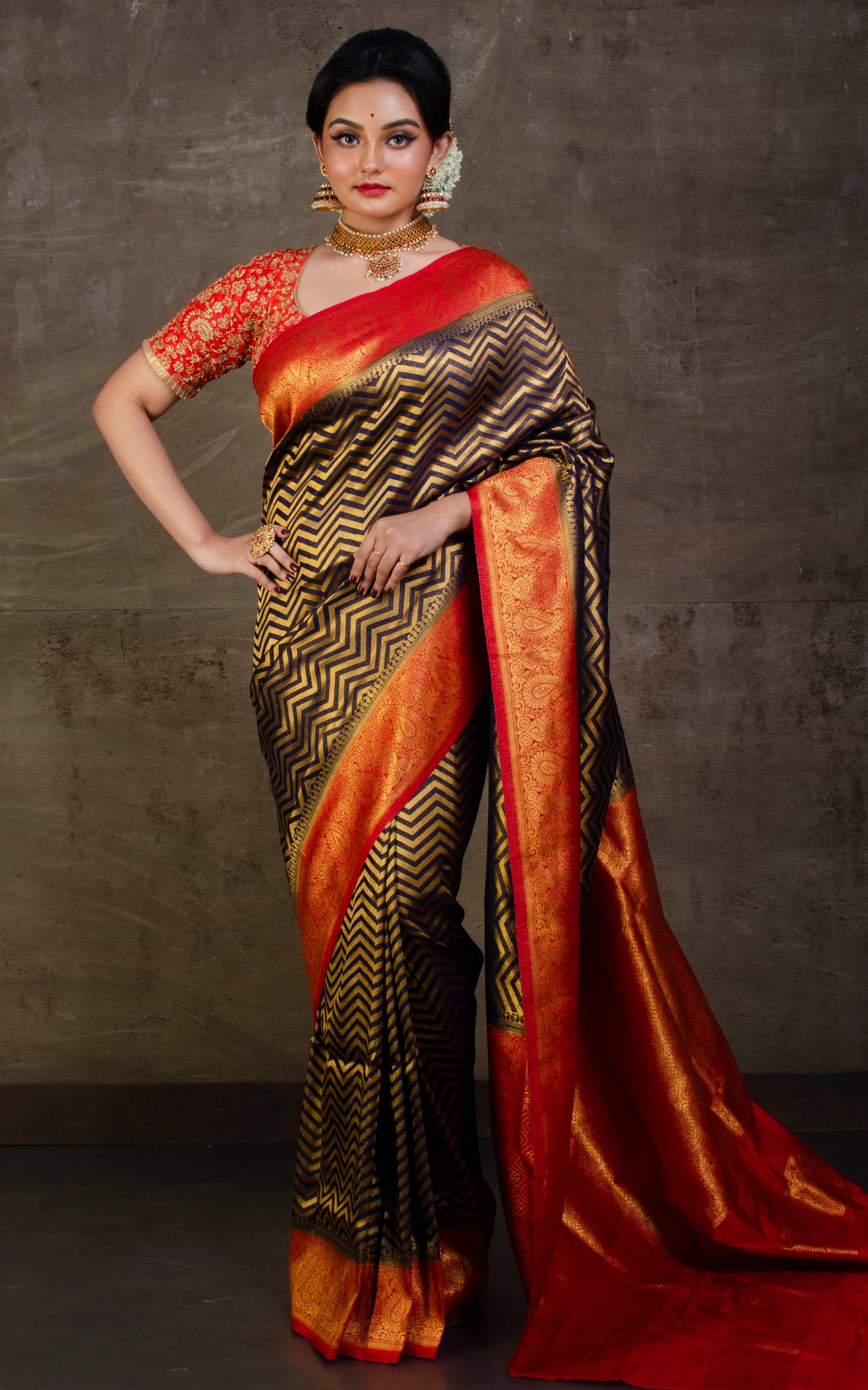 Tanchui Brocade Work Katan Silk Saree in Midnight Blue and Red