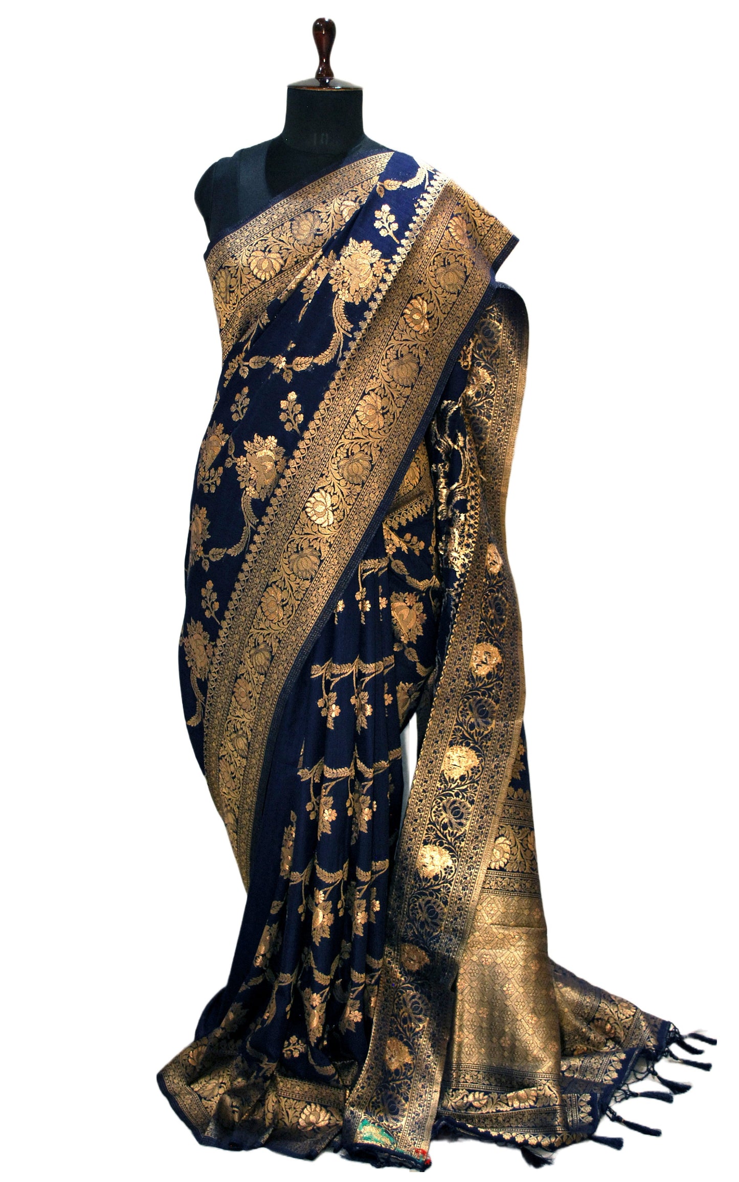 Jangla Jaal Work Soft Katan Silk Saree in Denim Blue and Antique Gold Zari Work