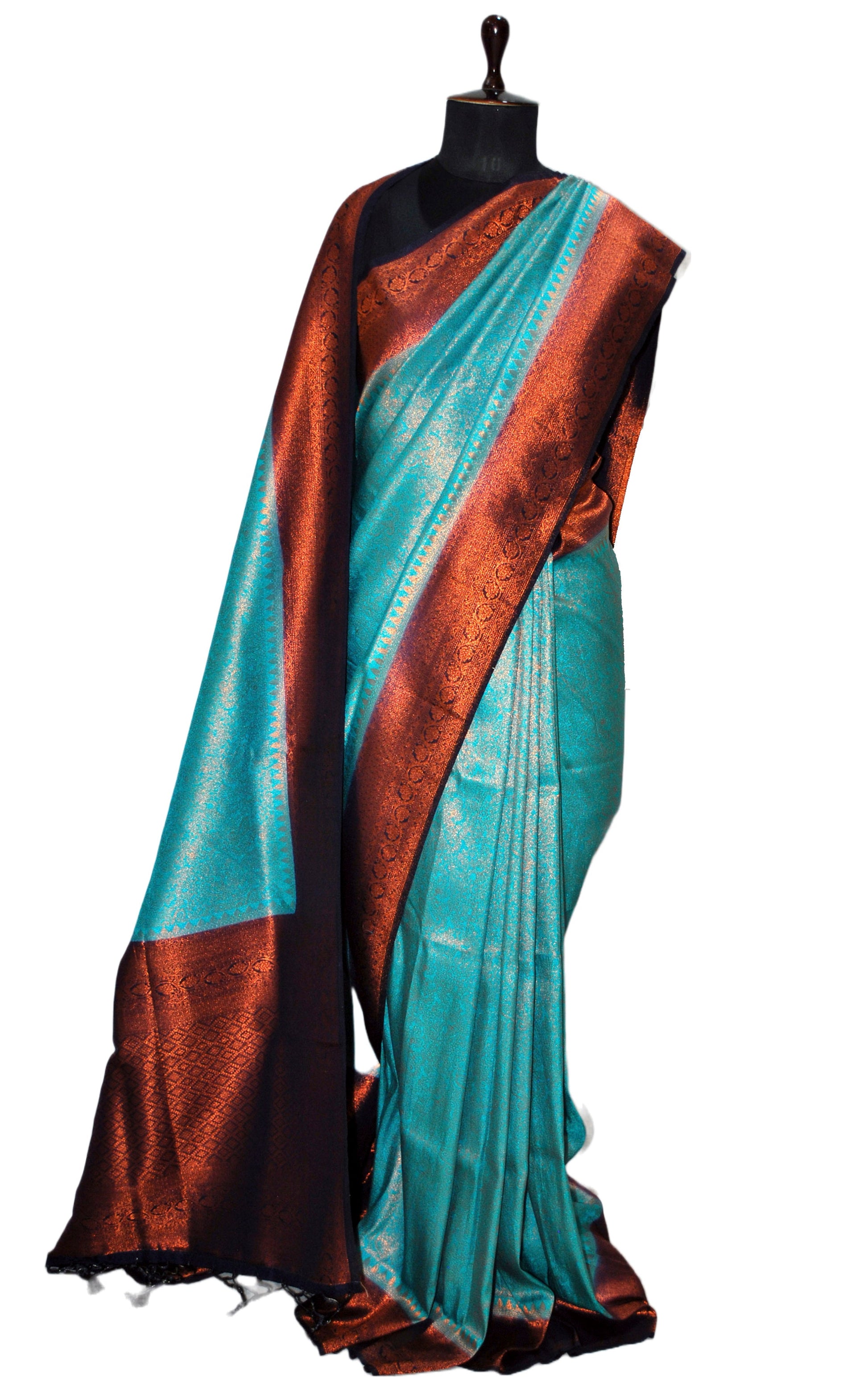 Tanchui Brocade Work Katan Silk Saree in Turquoise, Black and Antique Gold Zari Work