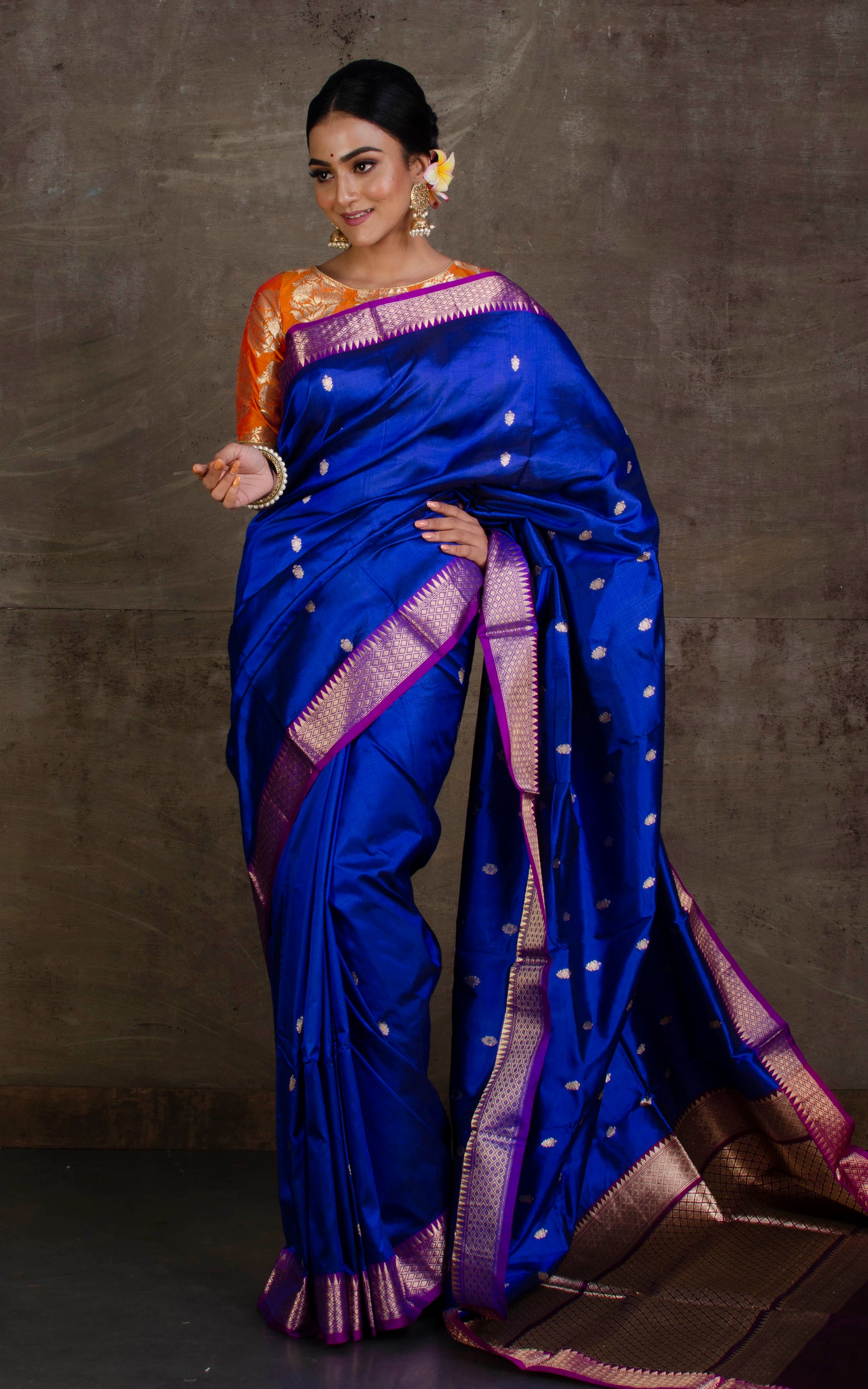 Handwoven Pure Katan Banarasi Silk Saree in Royal Blue and Purple