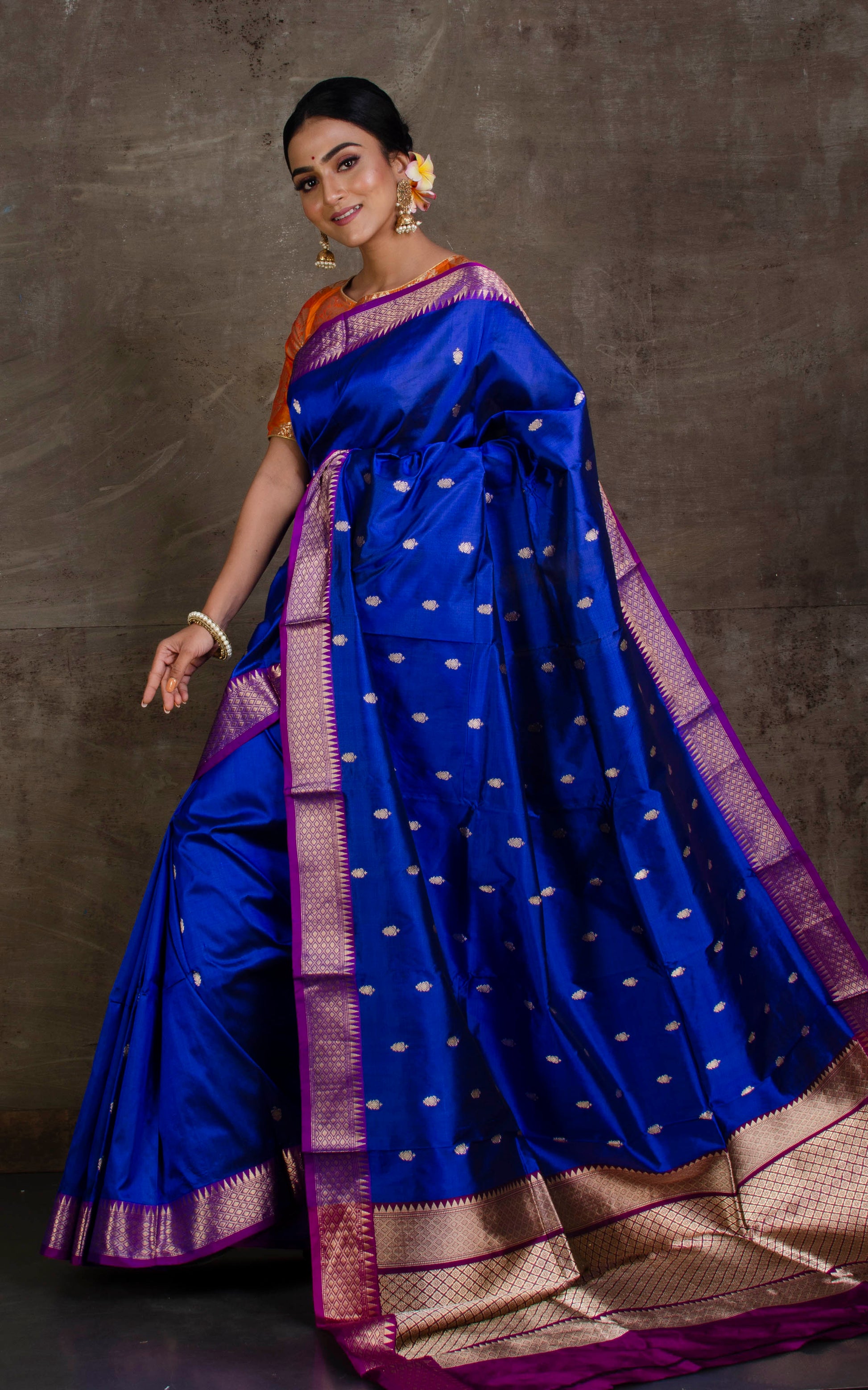 Handwoven Pure Katan Banarasi Silk Saree in Royal Blue and Purple