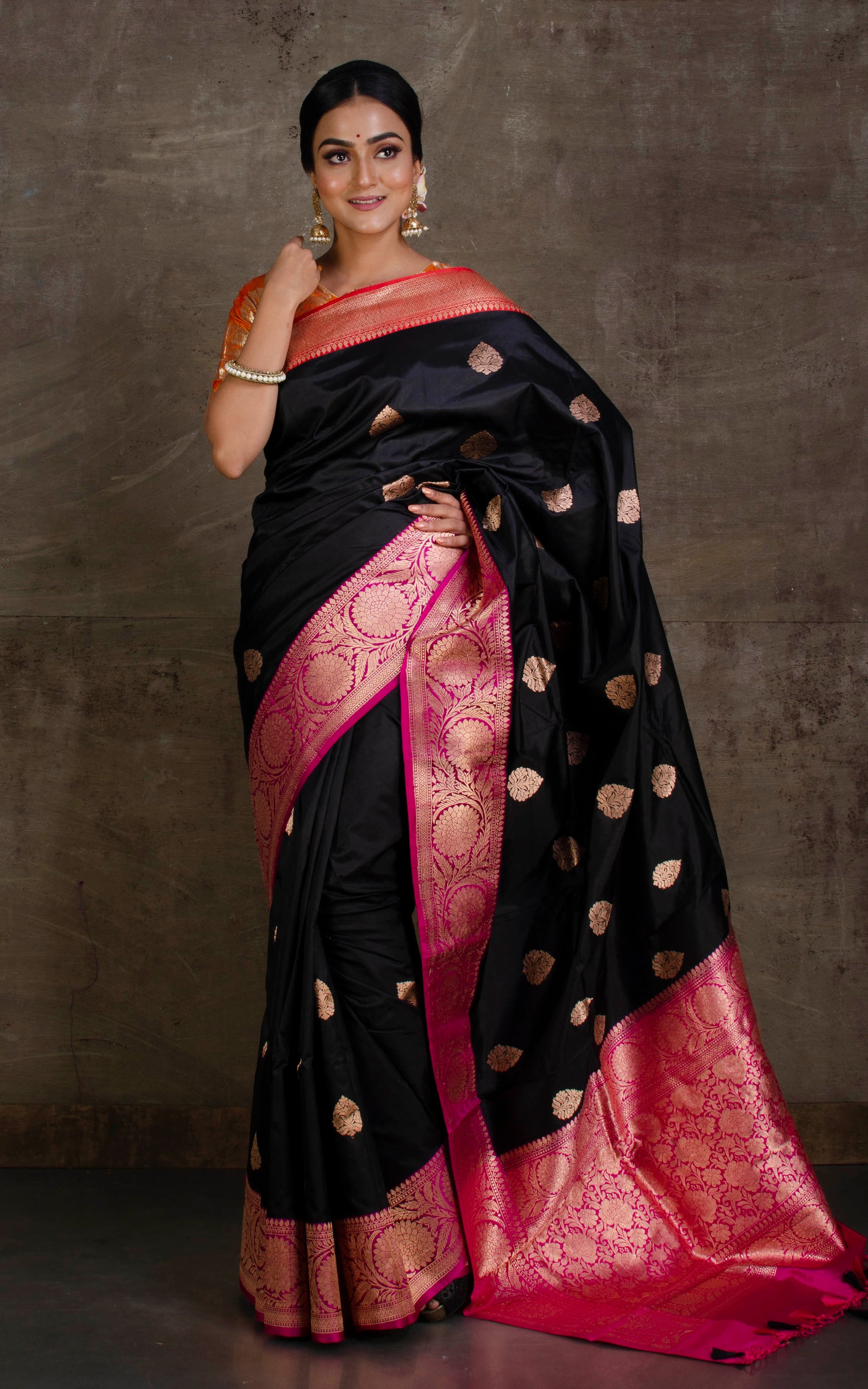 Premium Quality Katan Banarasi Silk Saree in Black, Red and Purplish Pink