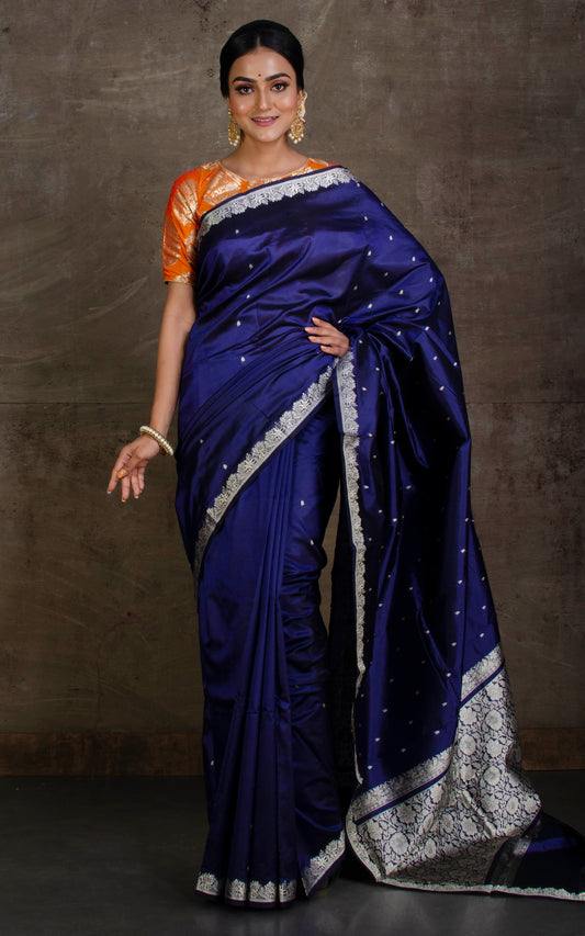 Soft Resham Thread Work Katan Silk Banarasi Saree in Ink Blue and Silver White