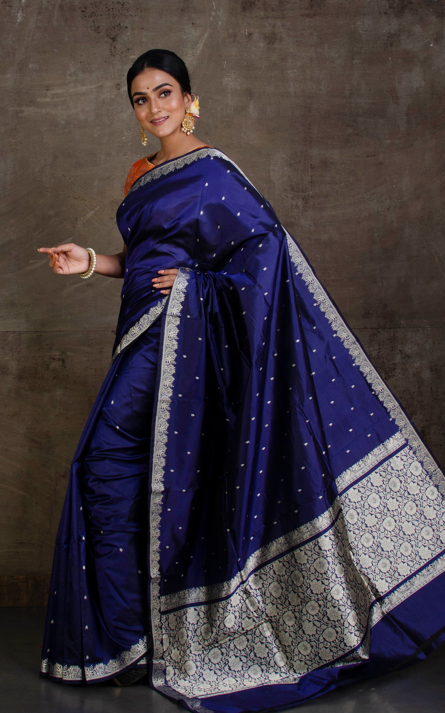 Soft Resham Thread Work Katan Silk Banarasi Saree in Ink Blue and Silver White