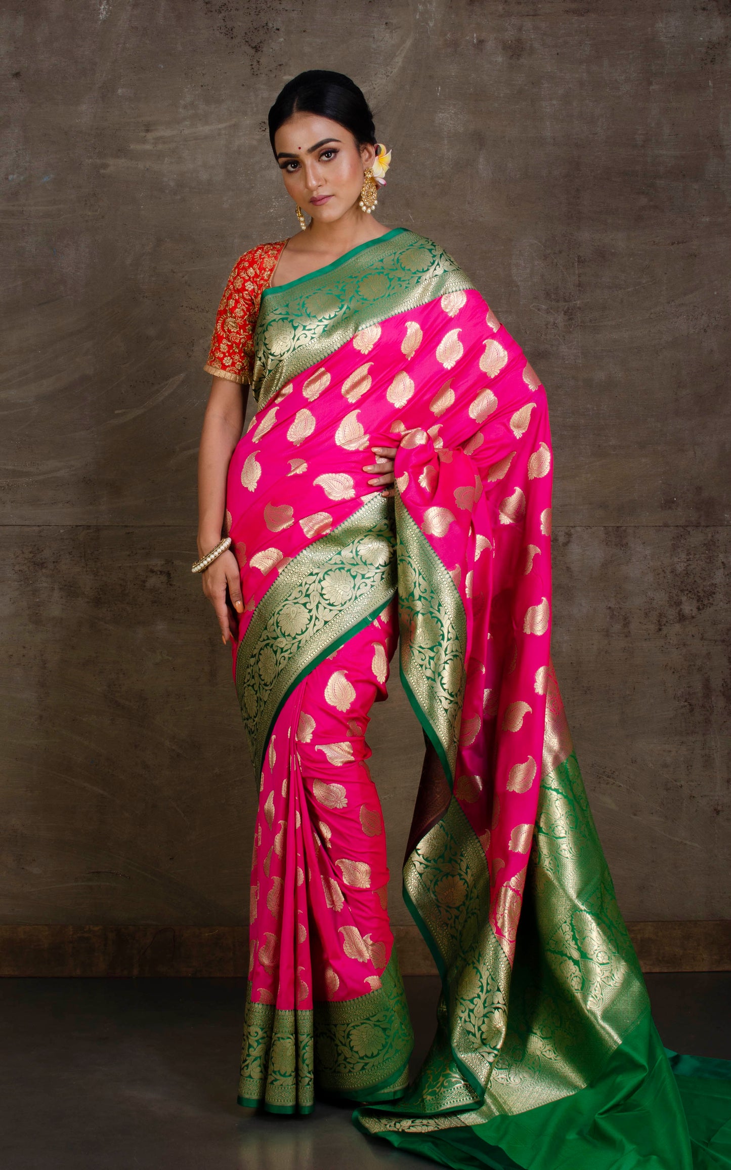 Soft Designer Semi Katan Saree in Fuchsia, Natural Green and Gold