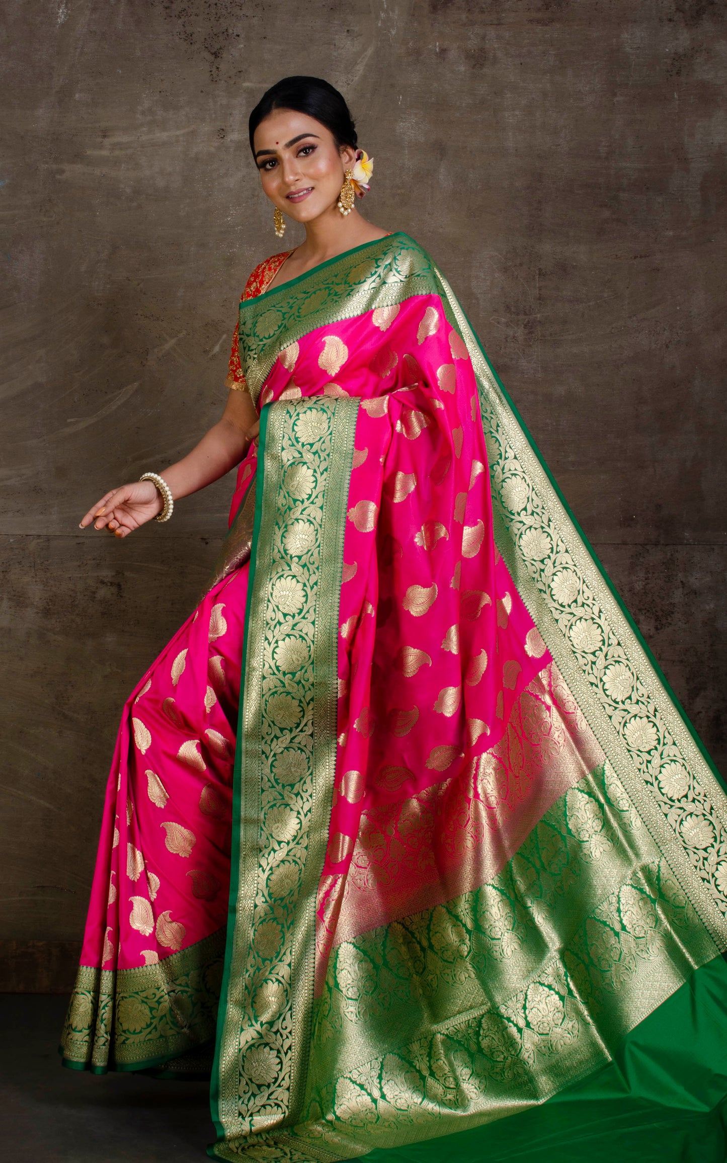 Soft Designer Semi Katan Saree in Fuchsia, Natural Green and Gold