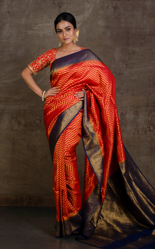 Tanchui Brocade Work Katan Silk Saree in Crimson Red and Midnight Blue