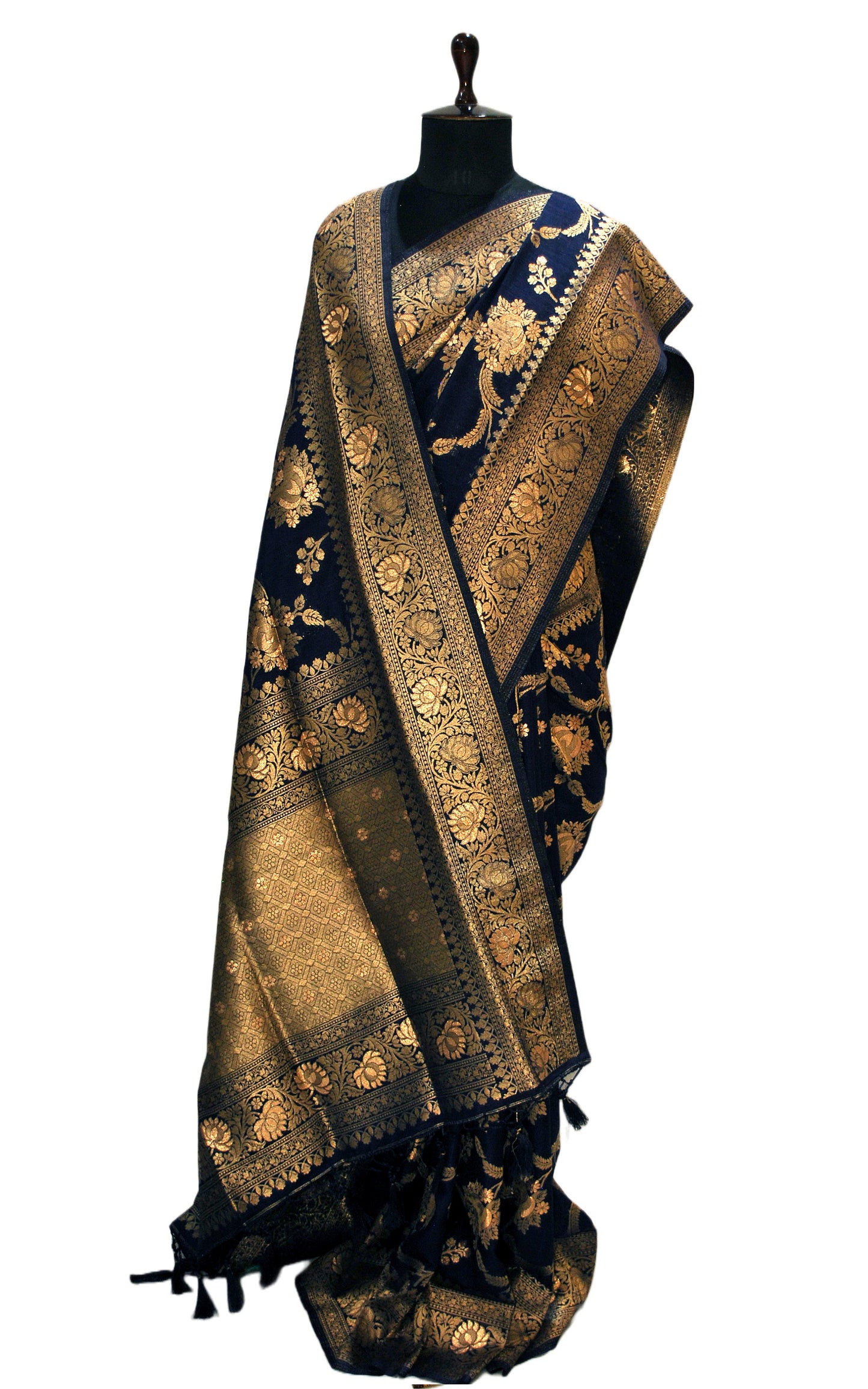 Jangla Jaal Work Soft Katan Silk Saree in Denim Blue and Antique Gold Zari Work