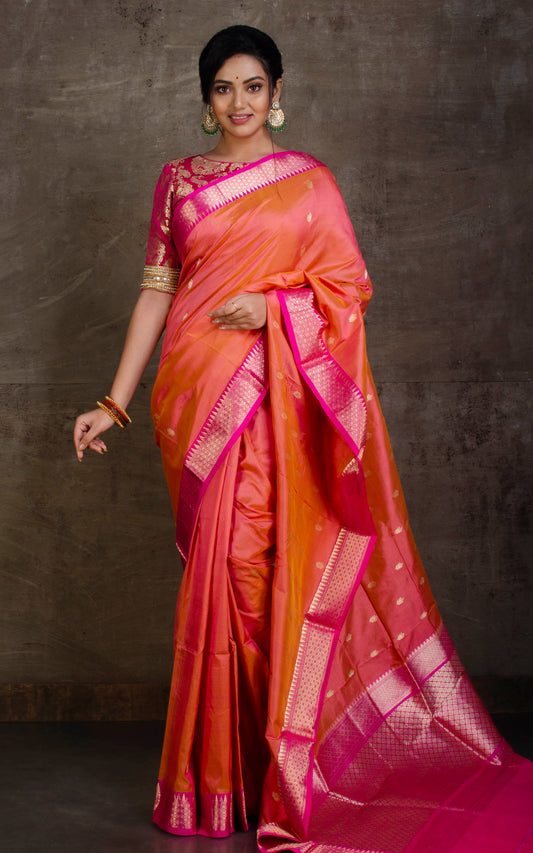 Handwoven Pure Katan Banarasi Silk Saree in Dark Peach and Hot Pink