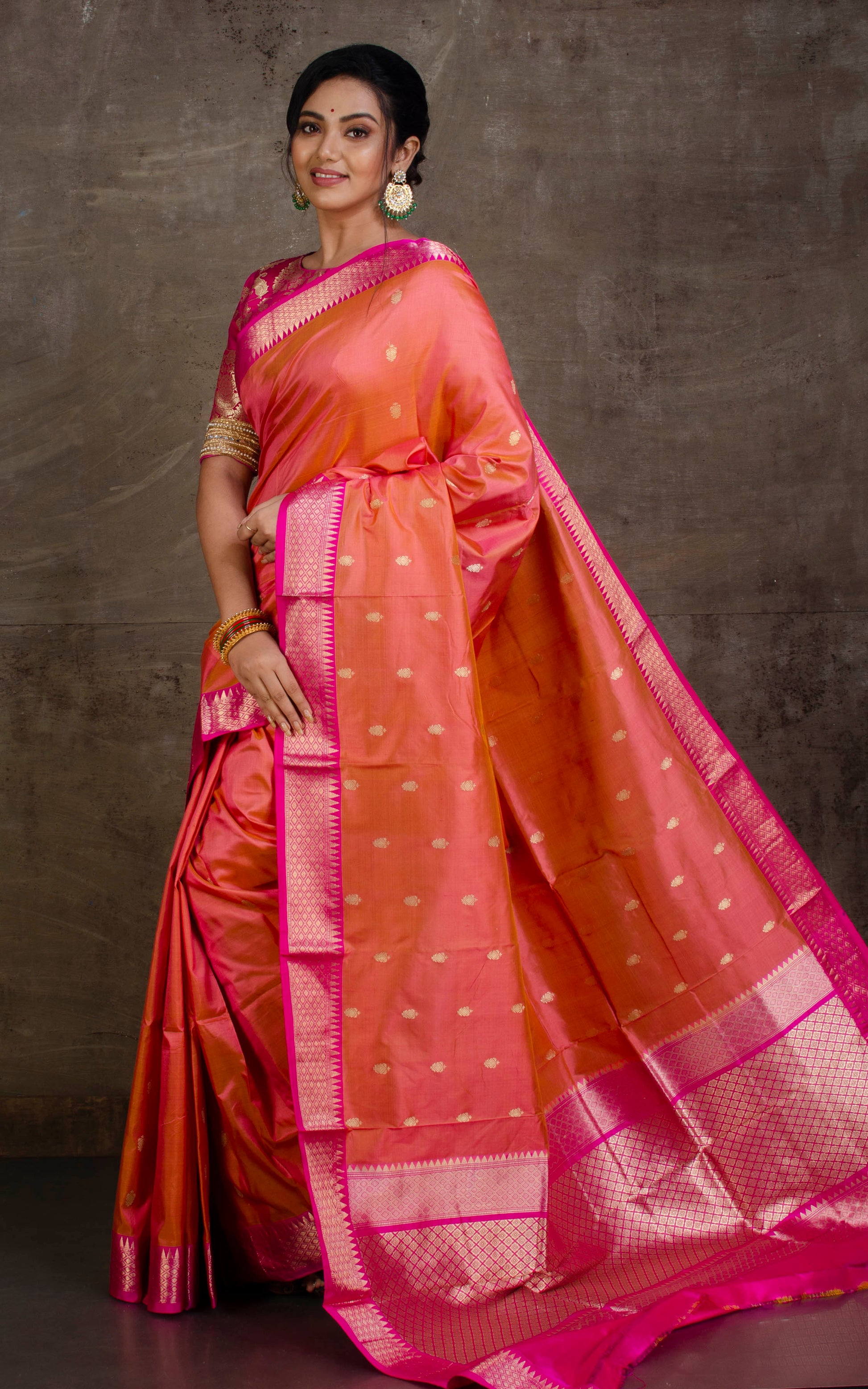 Handwoven Pure Katan Banarasi Silk Saree in Dark Peach and Hot Pink