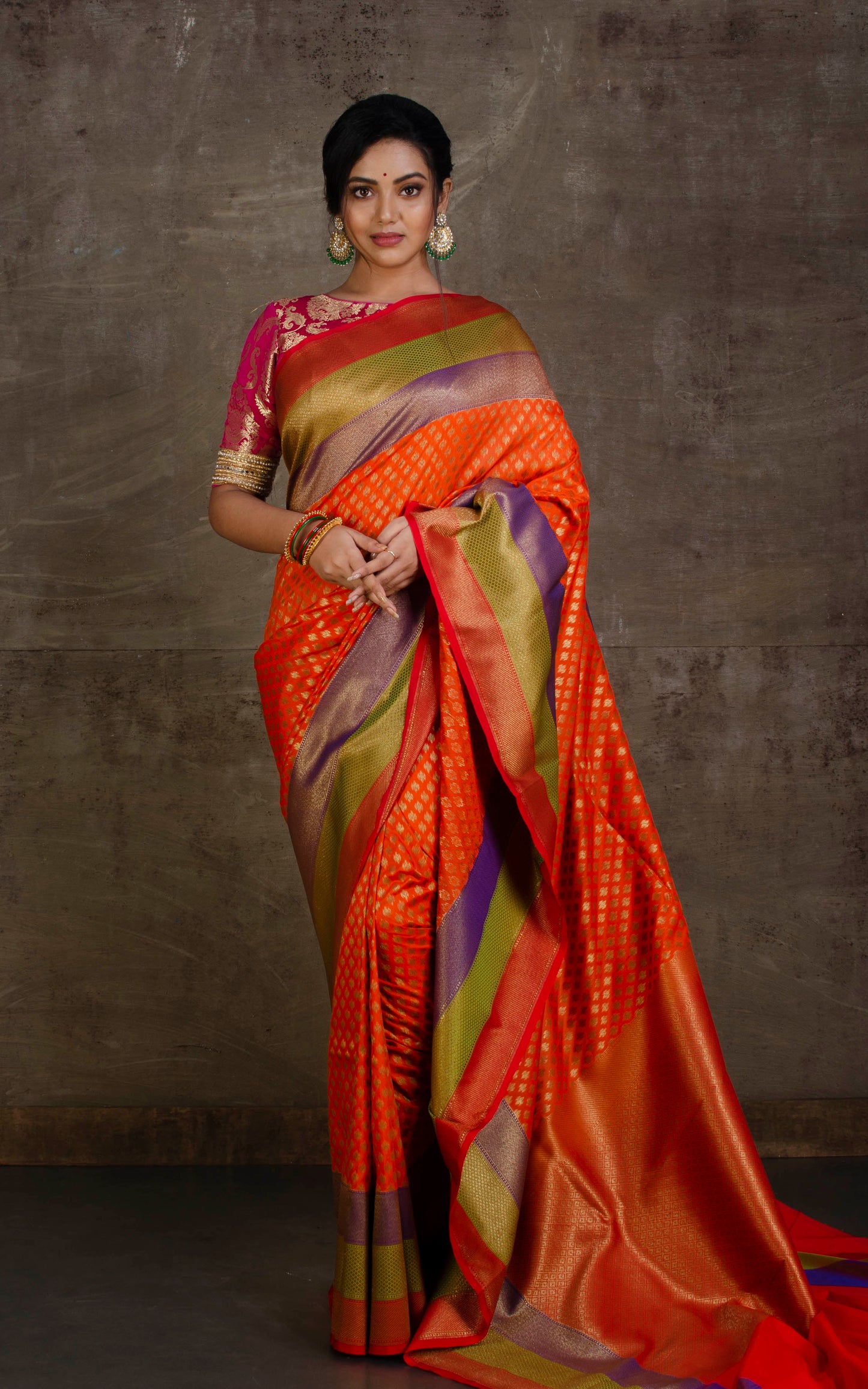 Soft Semi Katan Banarasi Silk Saree in Dark Orange, Purple, Moss Green, Red and Antique Gold