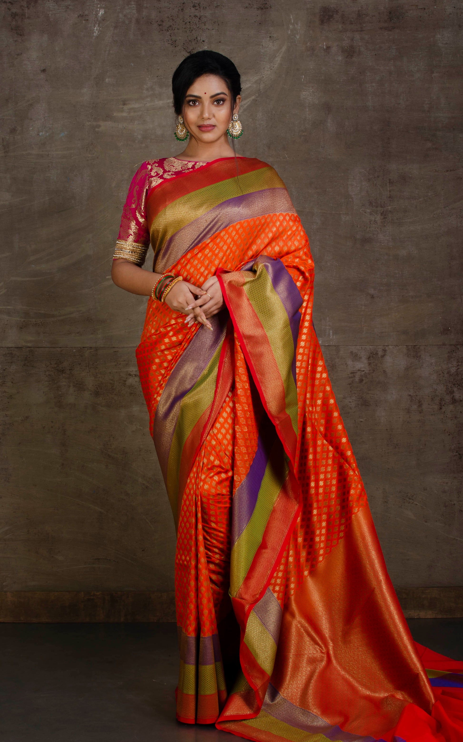 Soft Semi Katan Banarasi Silk Saree in Dark Orange, Purple, Moss Green, Red and Antique Gold