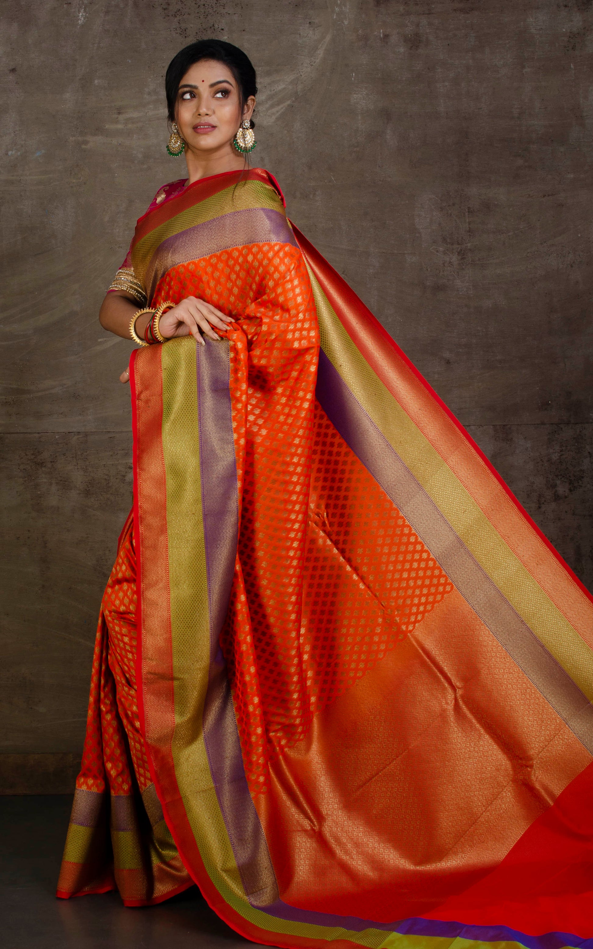 Soft Semi Katan Banarasi Silk Saree in Dark Orange, Purple, Moss Green, Red and Antique Gold