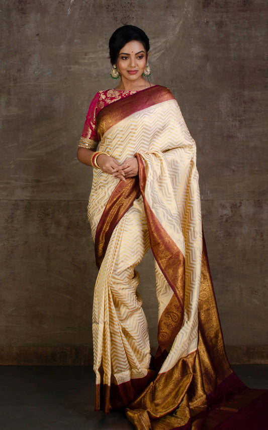 Tanchui Brocade Work Katan Silk Saree in Off White and Dark Brown