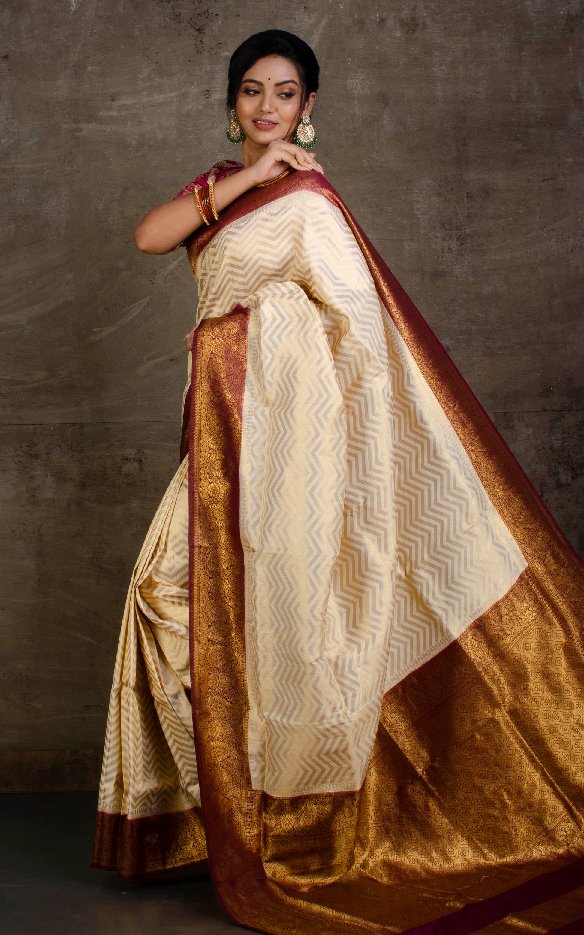 Tanchui Brocade Work Katan Silk Saree in Off White and Dark Brown