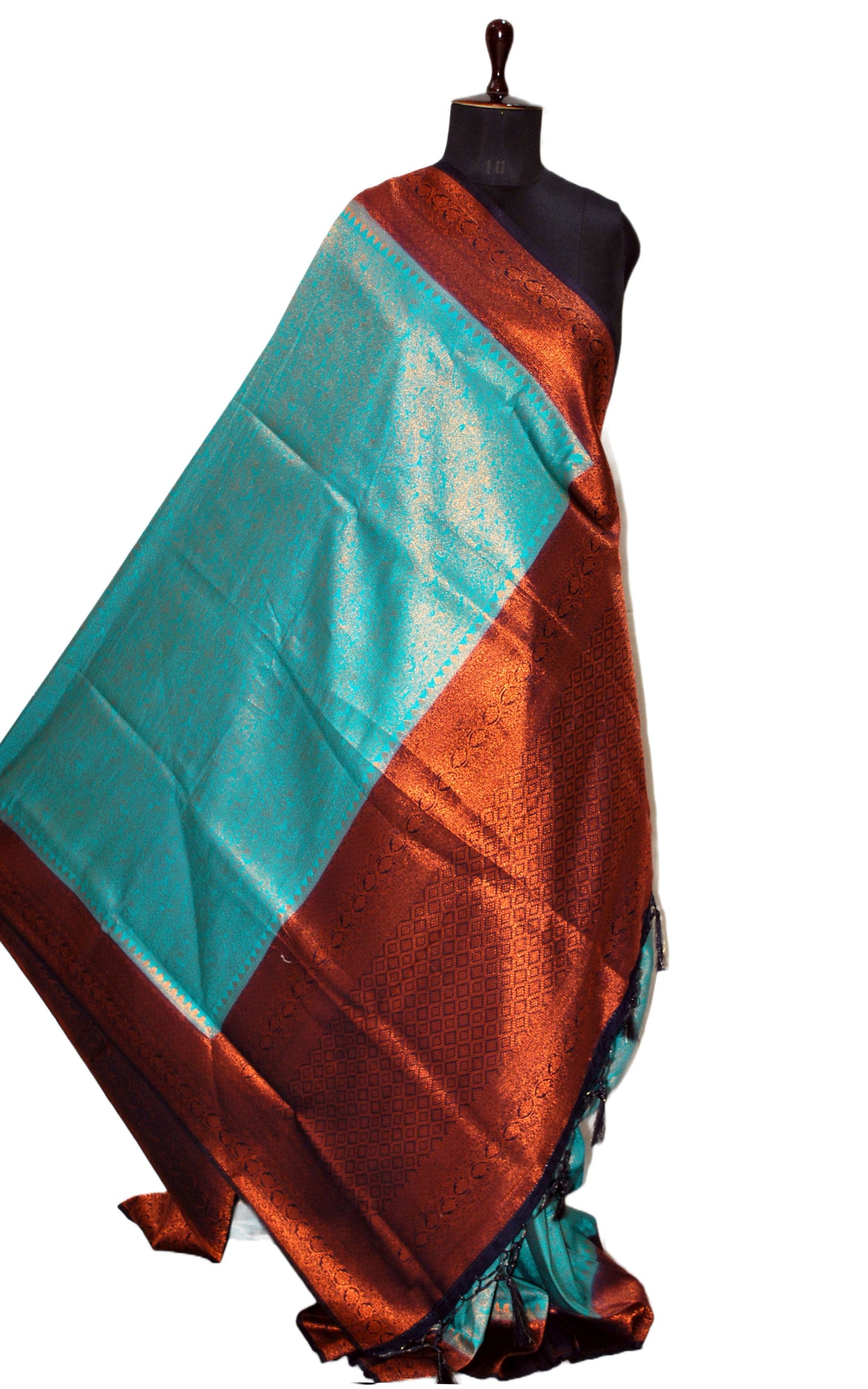 Tanchui Brocade Work Katan Silk Saree in Turquoise, Black and Antique Gold Zari Work