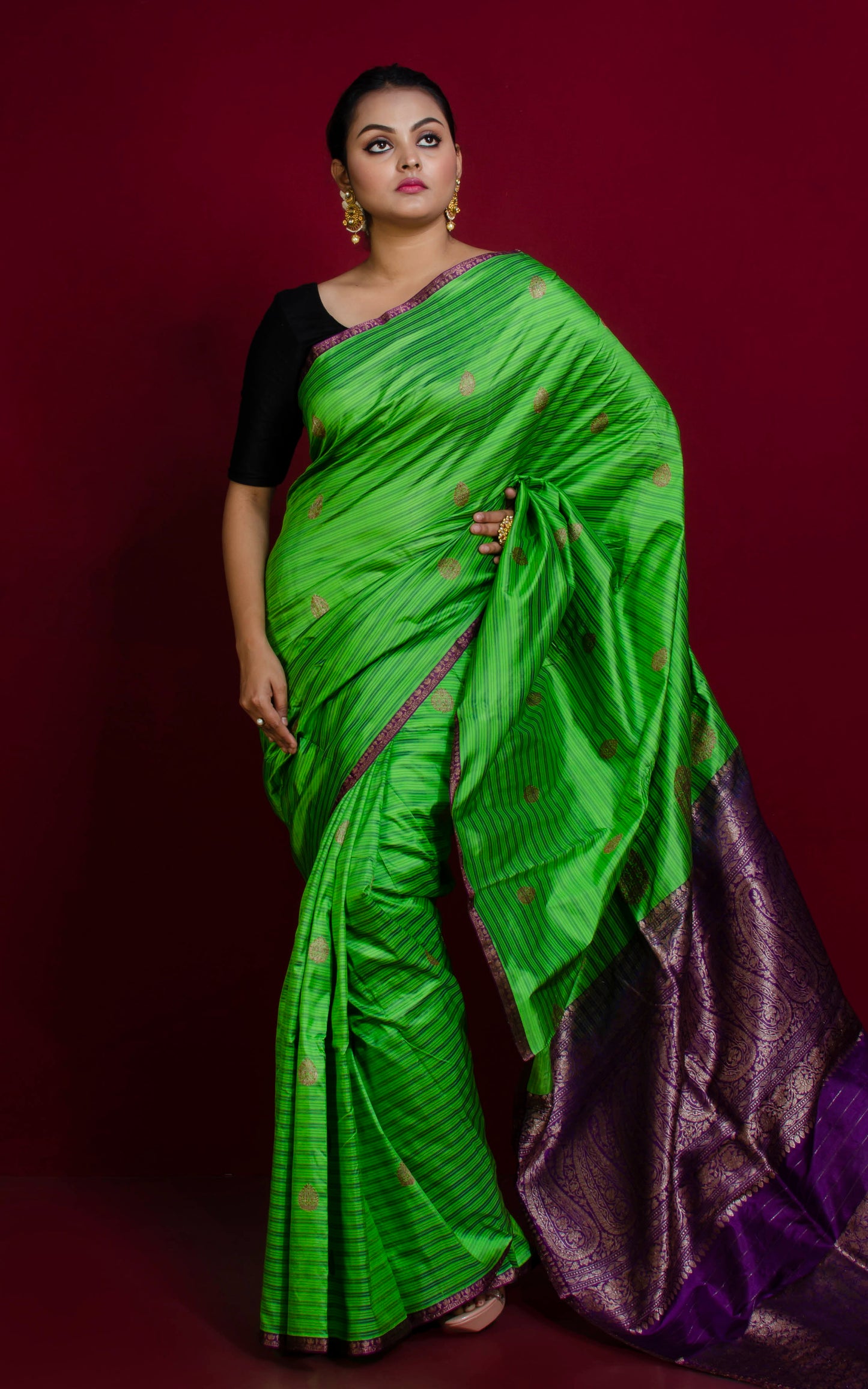 Woven Thread Nakshi Work Koniya Motif Pure Katan Banarasi Silk Saree in Green, Indigo Blue and Antique Gold