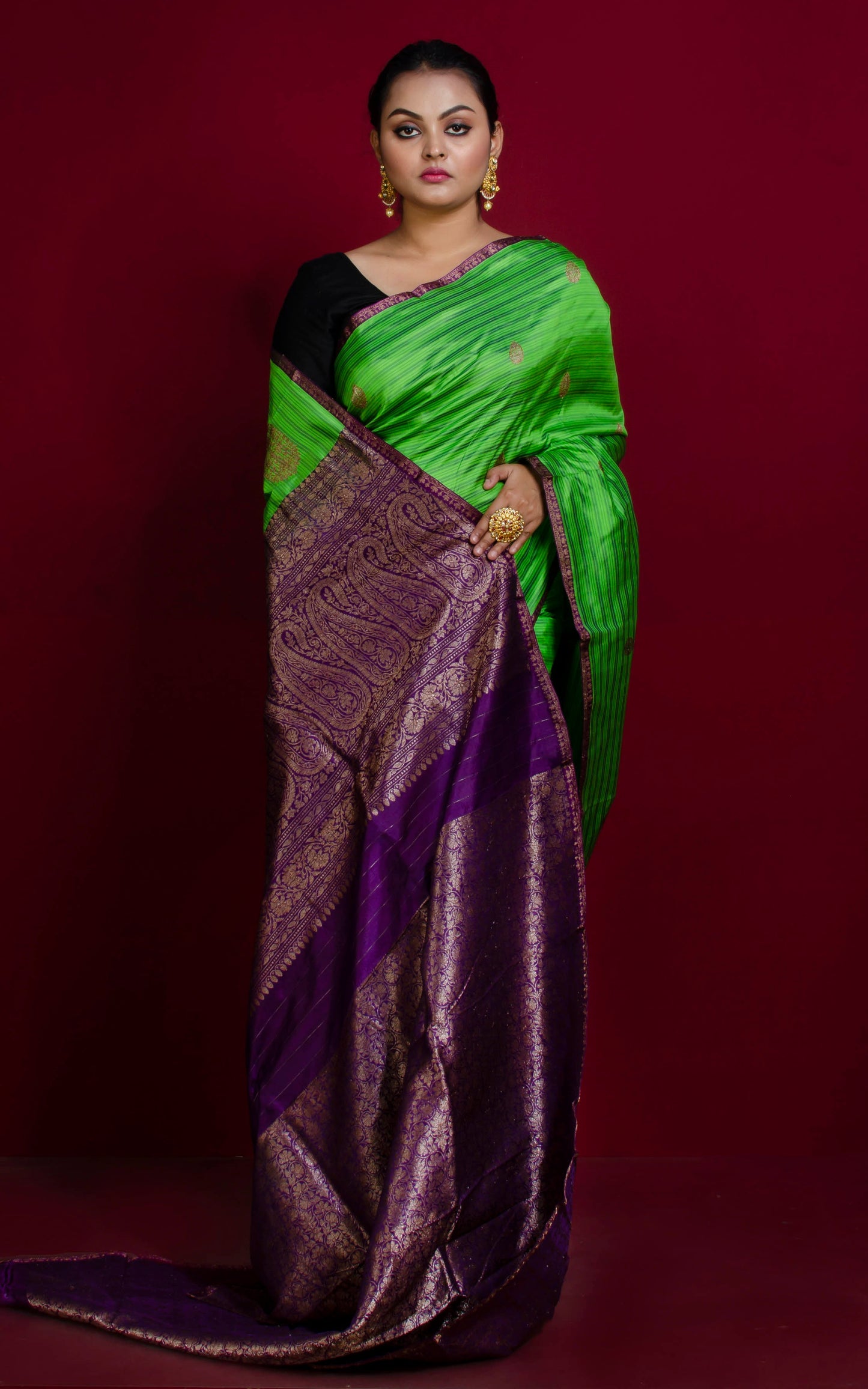 Woven Thread Nakshi Work Koniya Motif Pure Katan Banarasi Silk Saree in Green, Indigo Blue and Antique Gold