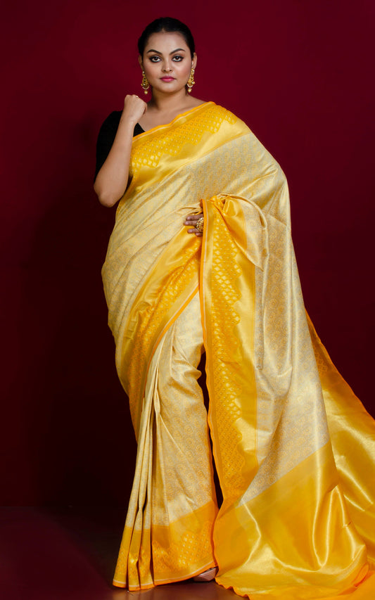 Tanchui Brocade Work Katan Silk Saree in Off White, Brush Gold and Cyber Yellow