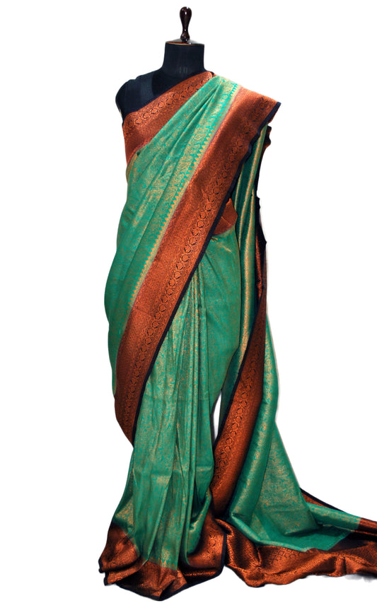 Tanchui Brocade Work Katan Silk Saree in Sea Green, Black and Antique Gold Zari Work