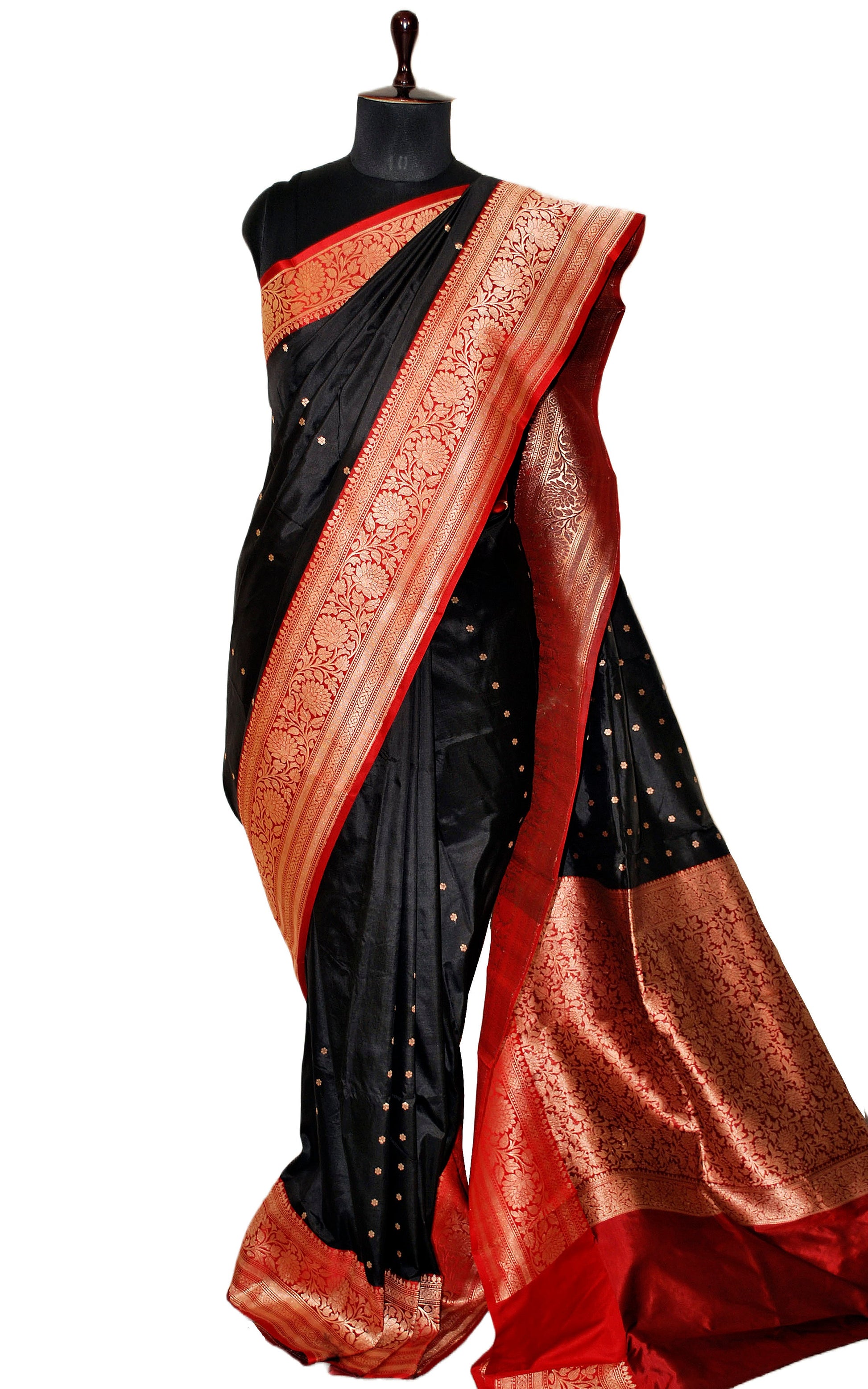 Premium Quality Banarasi Silk Saree in Bright Black, Red and Gold