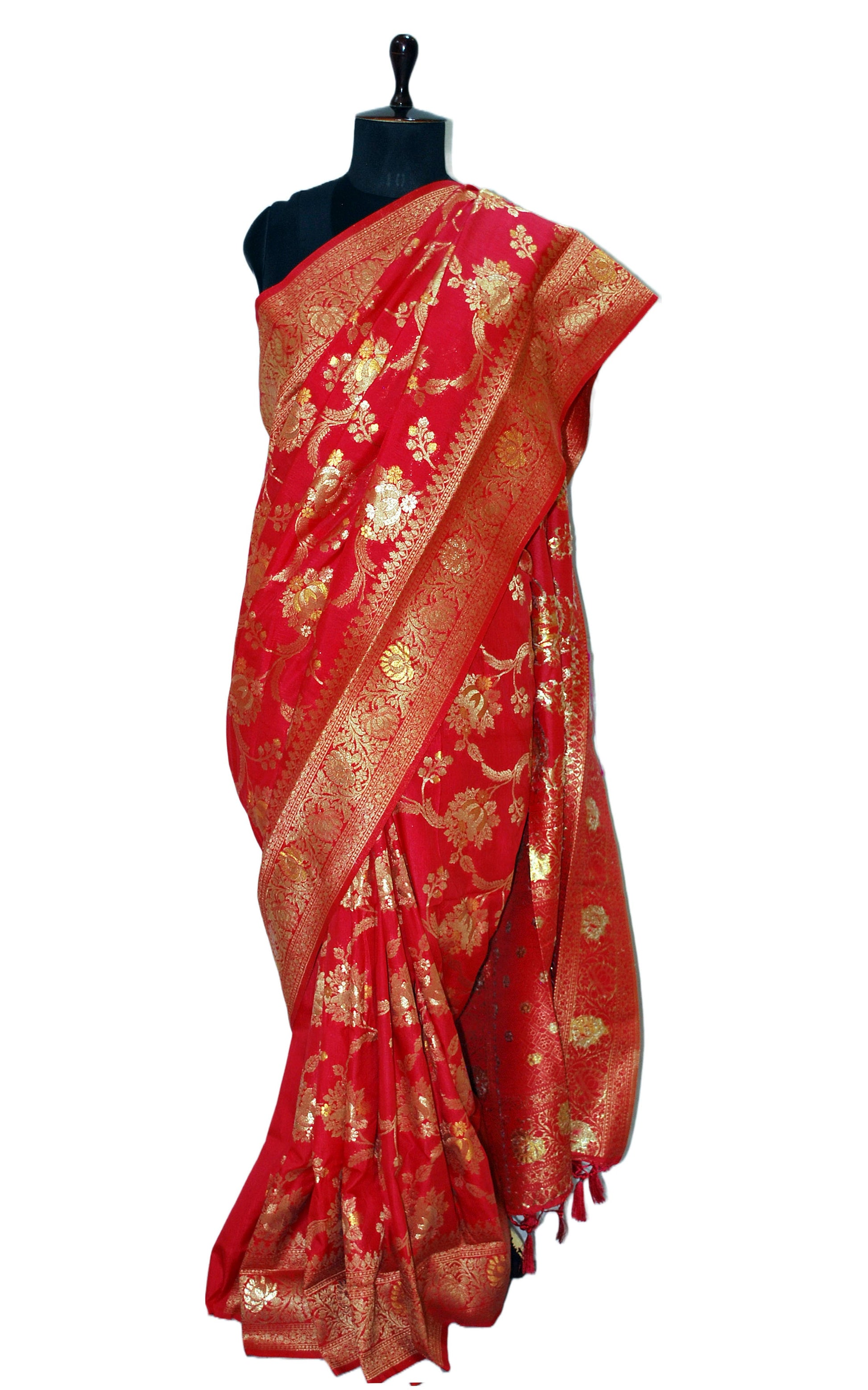 Jangla Jaal Work Soft Katan Silk Saree in Ruby Pink and Antique Gold Zari Work