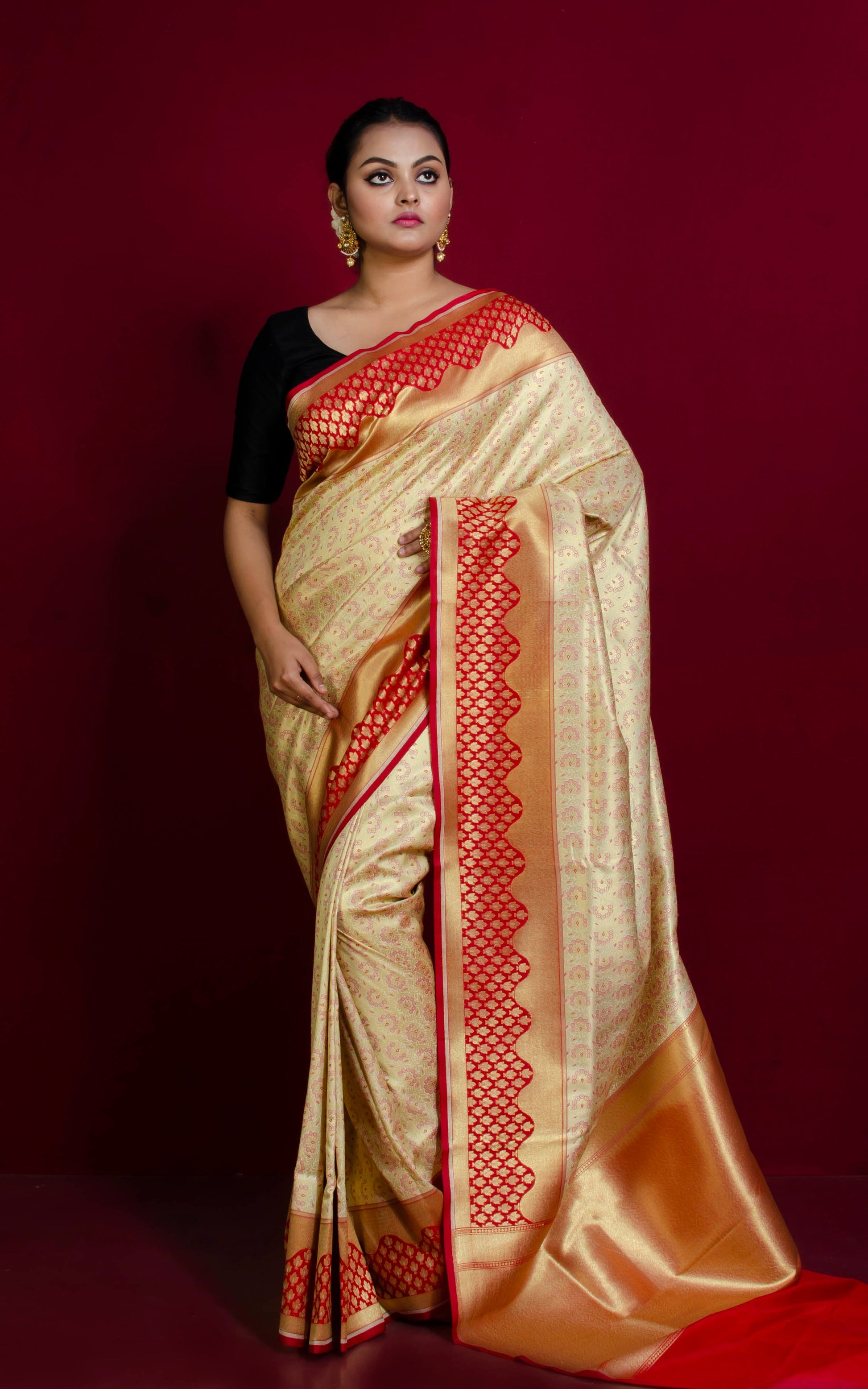 Tanchui Brocade Work Katan Silk Saree in Off White, Brush Gold and Red