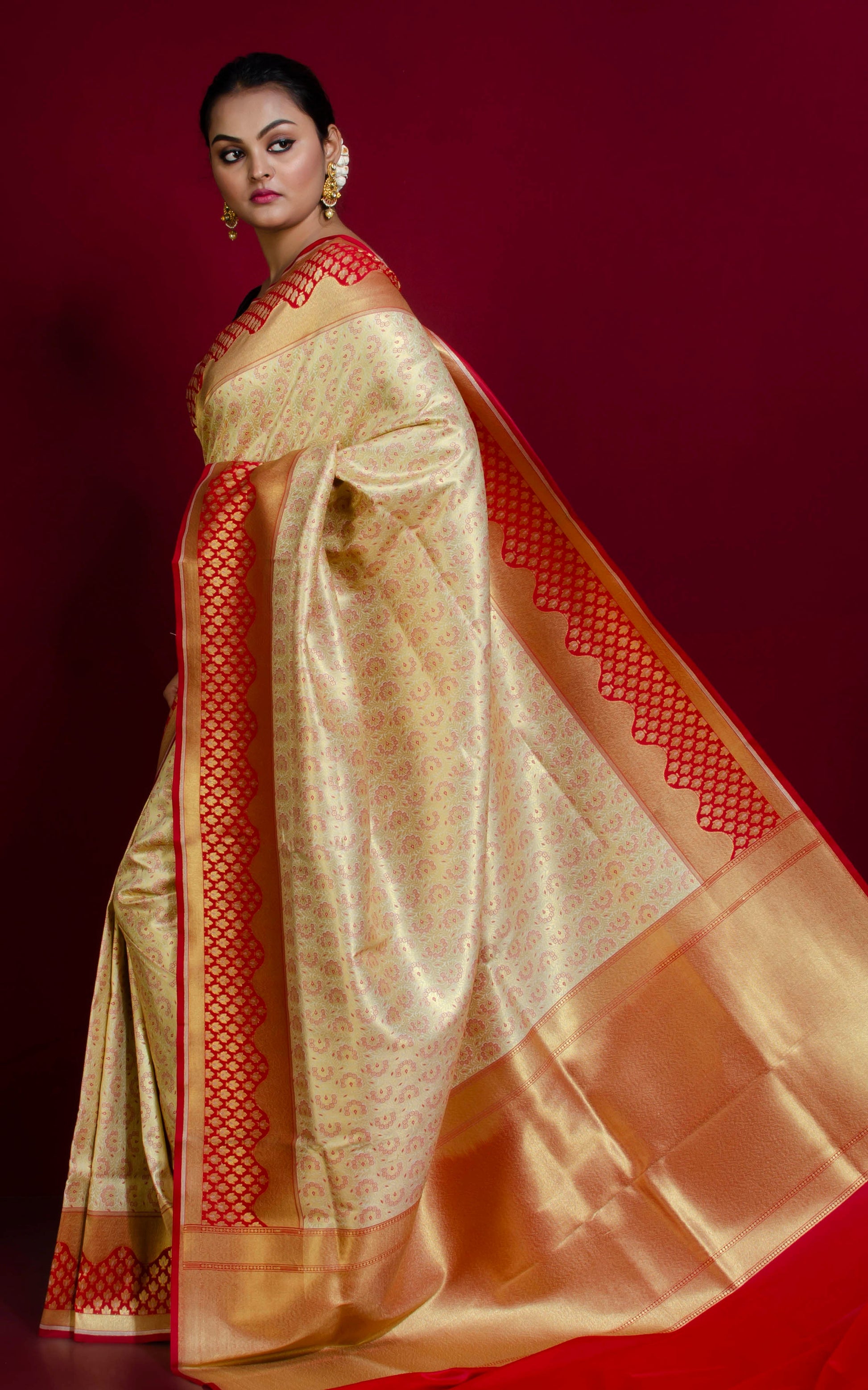 Tanchui Brocade Work Katan Silk Saree in Off White, Brush Gold and Red