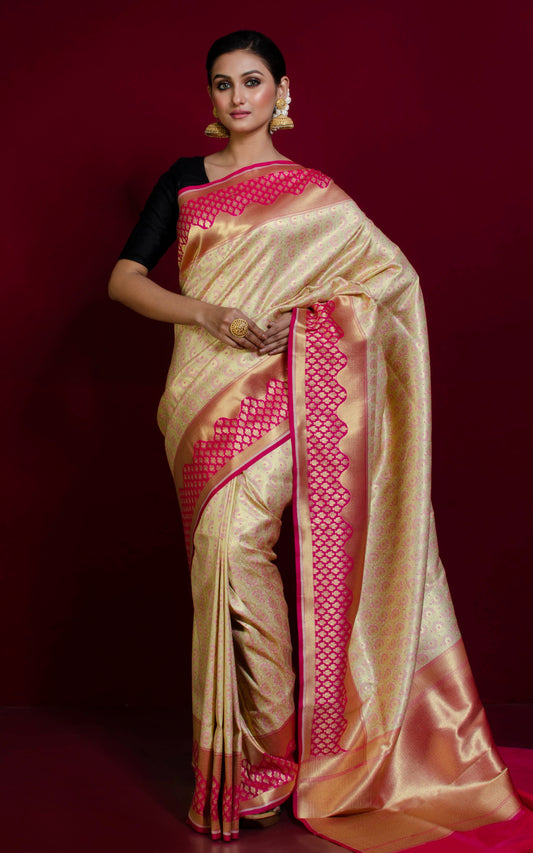 Tanchui Brocade Work Katan Silk Saree in Off White, Brush Gold and Hot Pink