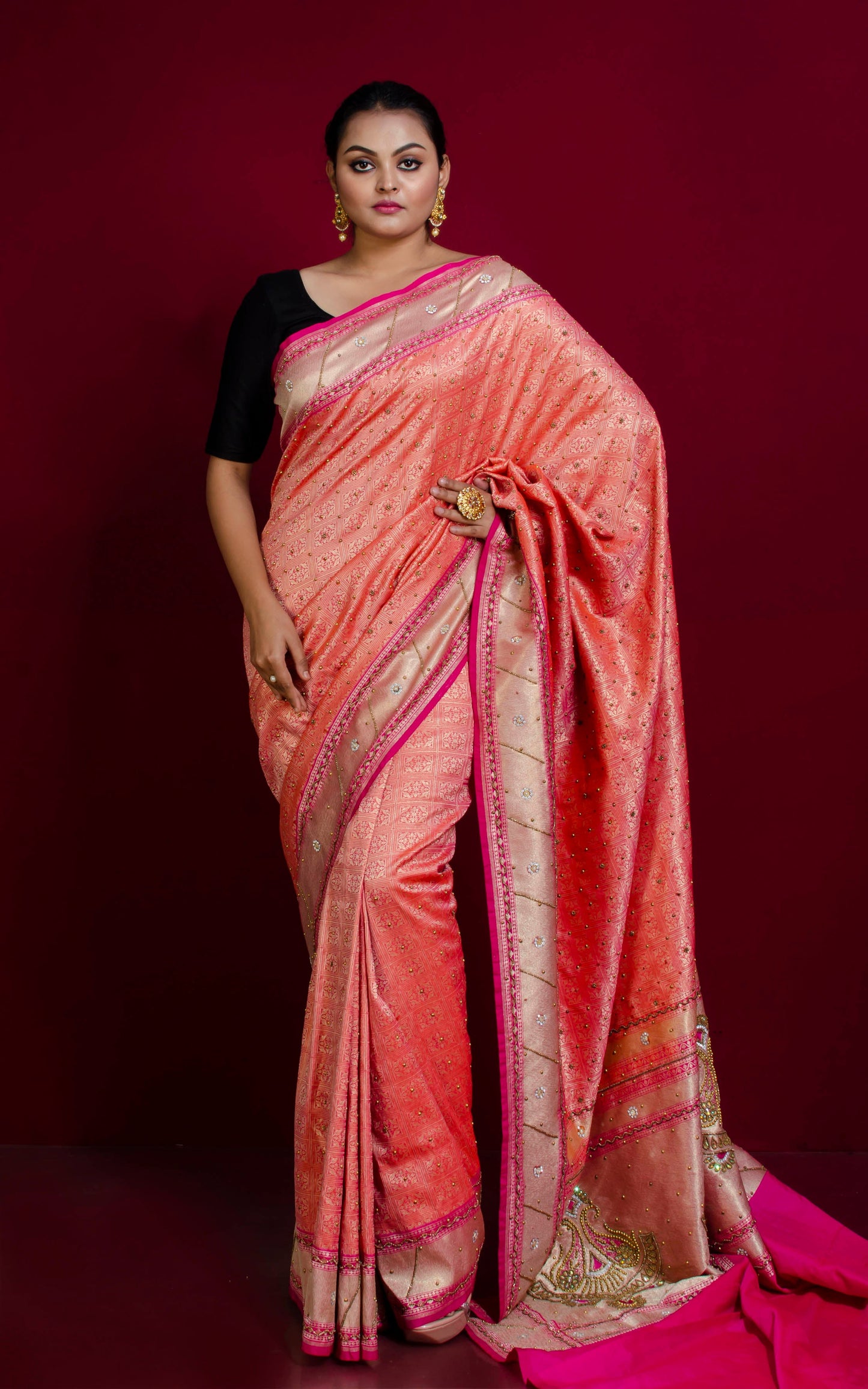 Designer Brocade Katan Silk with Hand Zardosi Work Saree in Salmon Pink, Rani and Brush Gold