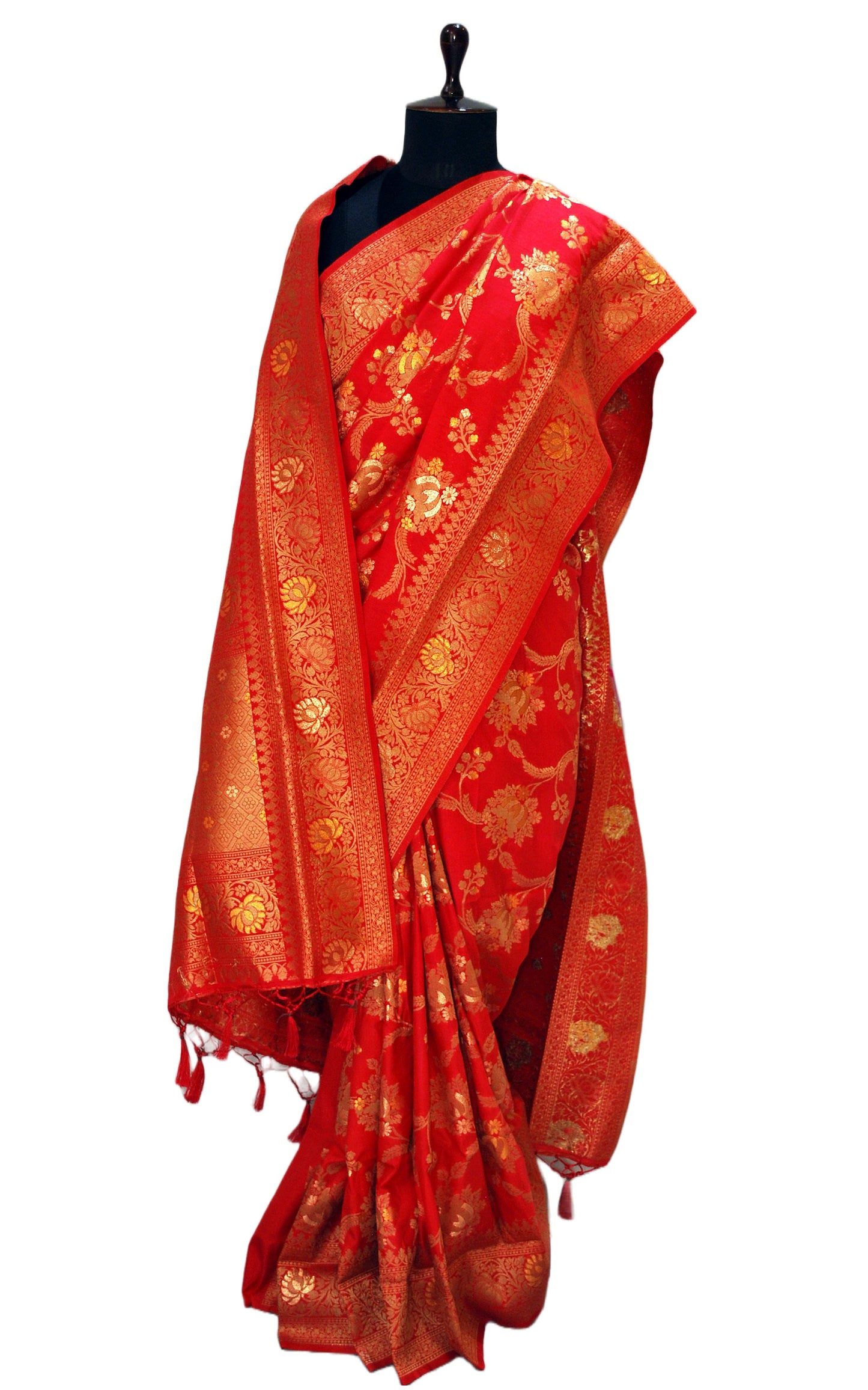 Jangla Jaal Work Soft Katan Silk Saree in Ruby Pink and Antique Gold Zari Work