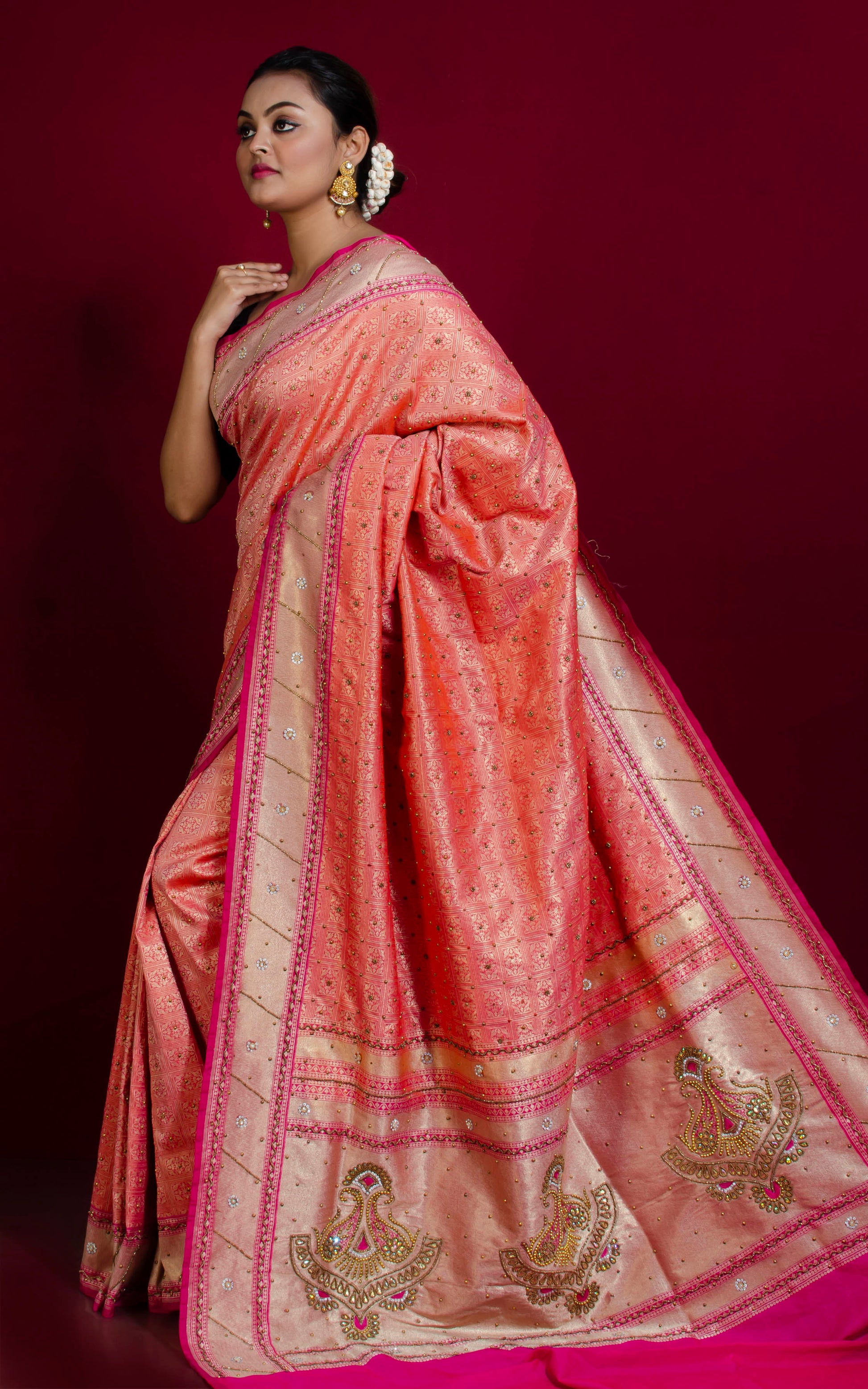 Designer Brocade Katan Silk with Hand Zardosi Work Saree in Salmon Pink, Rani and Brush Gold