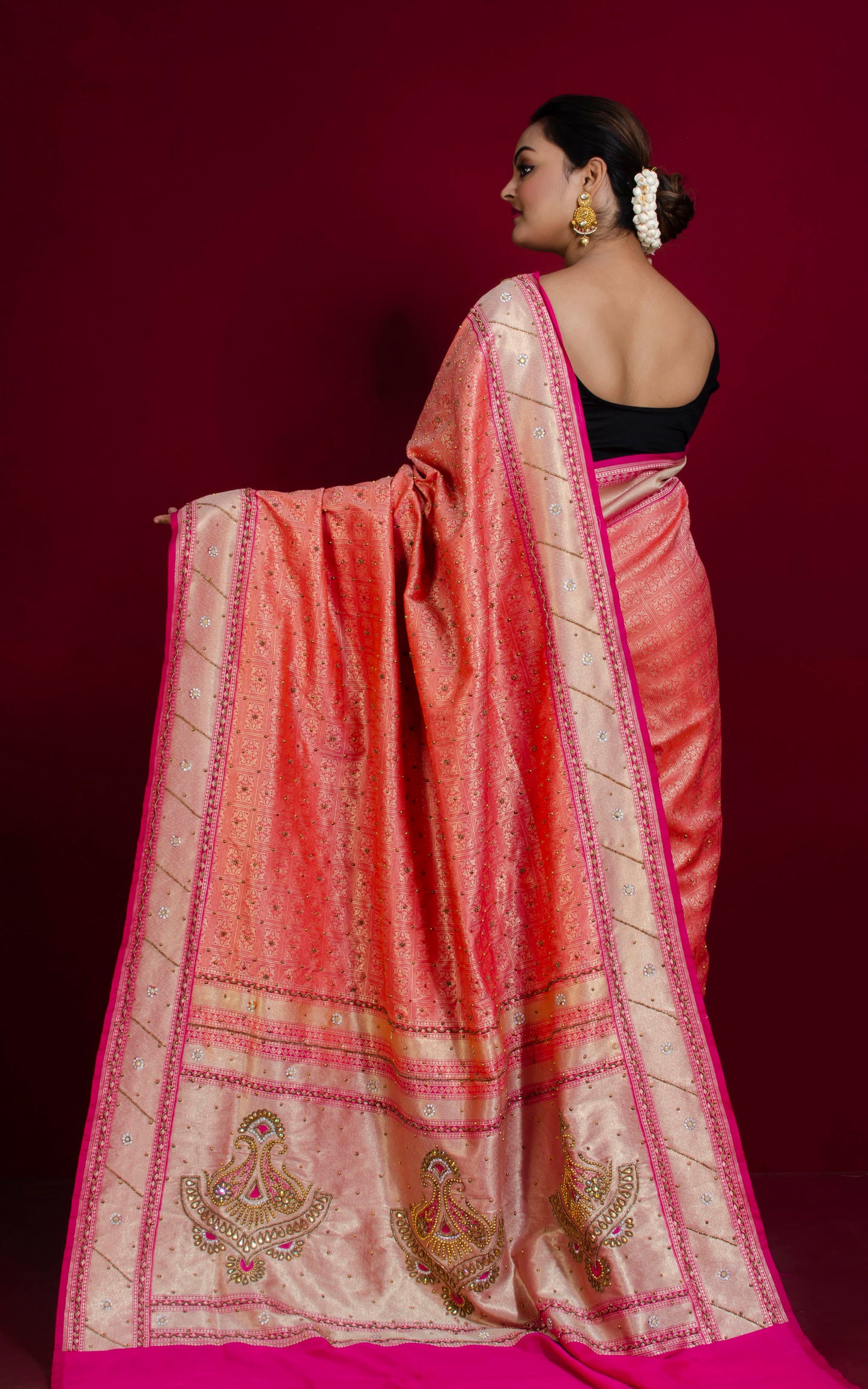 Designer Brocade Katan Silk with Hand Zardosi Work Saree in Salmon Pink, Rani and Brush Gold