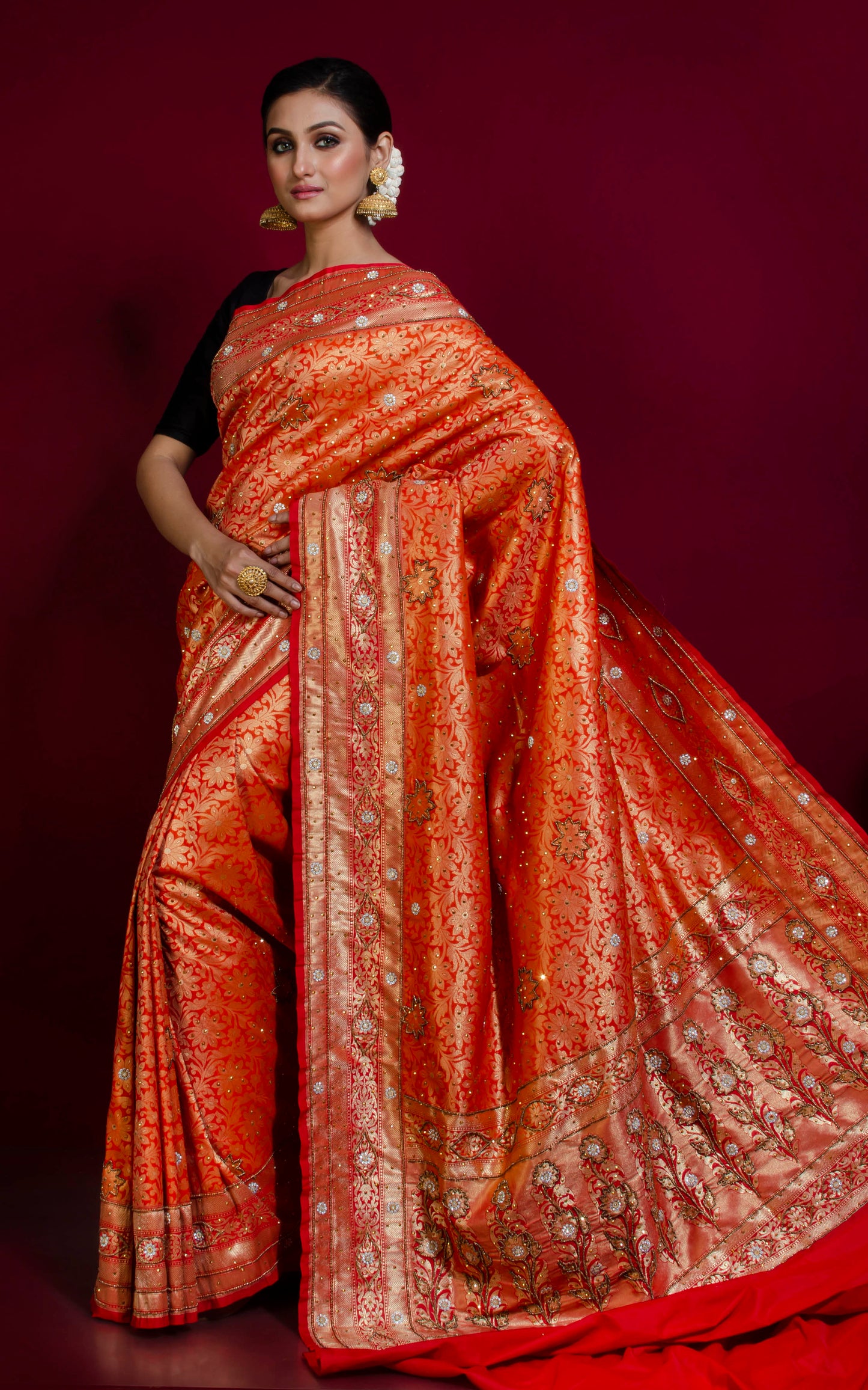 Designer Brocade Katan Silk with Hand Zardosi Work Saree in Dark Orange, Red and Brush Gold