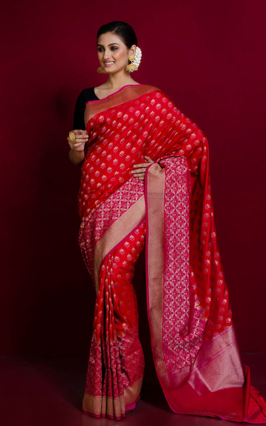 Designer Skirt Border Work Opada Katan Silk Saree in Crimson Red, Hot Pink and Muted Gold