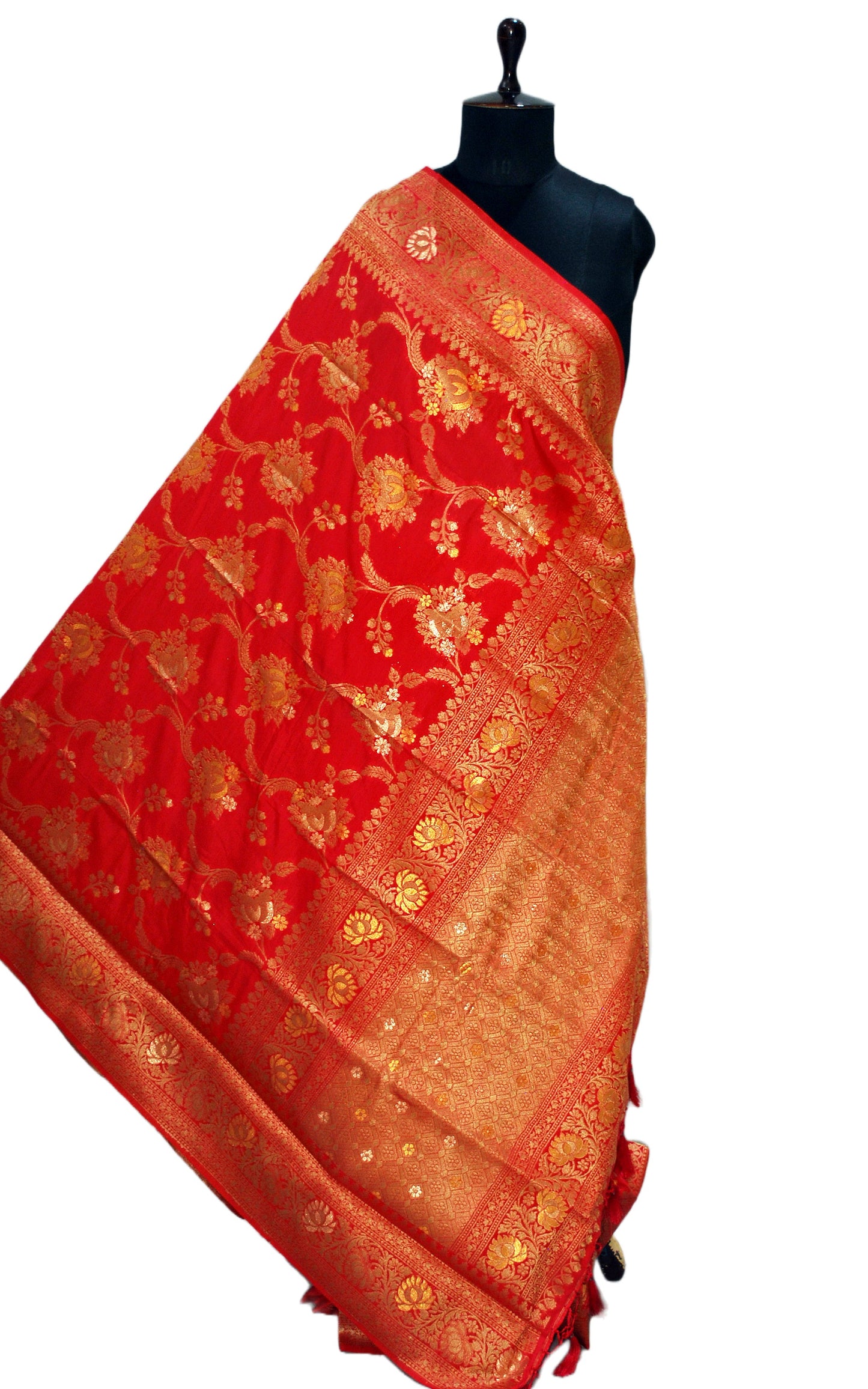 Jangla Jaal Work Soft Katan Silk Saree in Ruby Pink and Antique Gold Zari Work